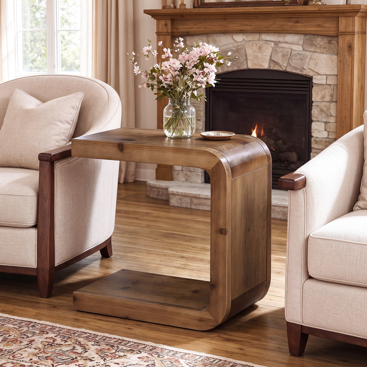 60cm C-Shaped Side Table, Solid Wood 2-Tier End Table with Storage