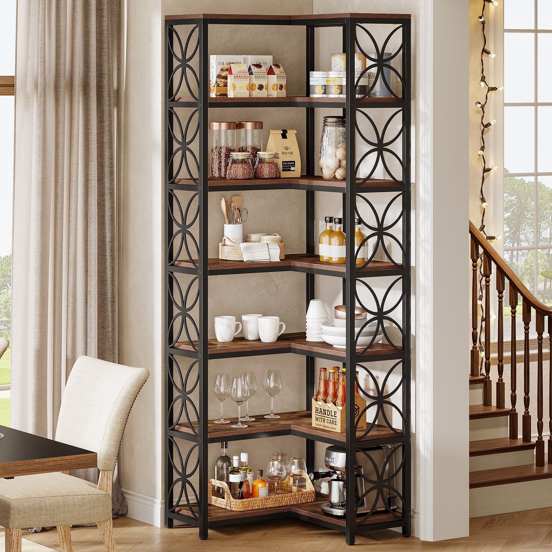 79" 7-Tier L-Shaped Corner Bookshelf, Tall Wood Bookcase with Metal Frame for Living Room or Office