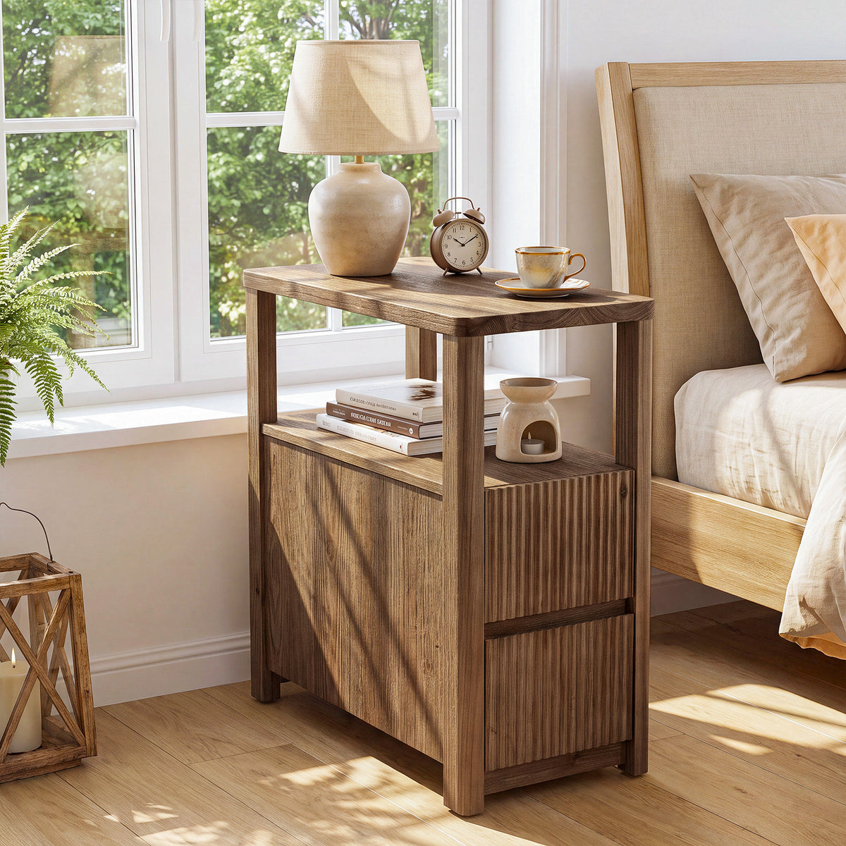 60cm End Table, Solid Wood 2-Drawer Narrow Nightstand for Living Room Bedroom