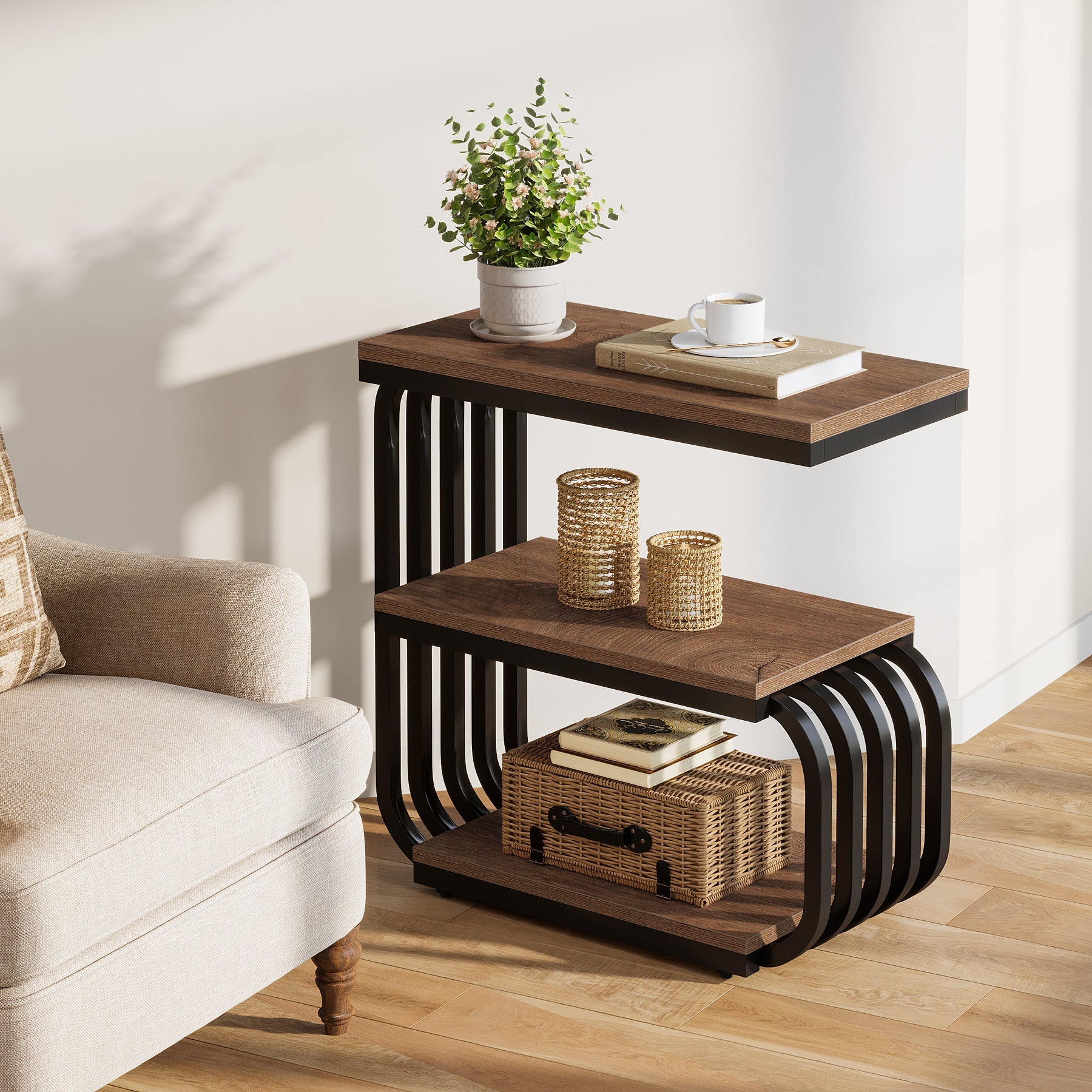 3-Tier Narrow End Table, C-Shaped Side Table for Living Room