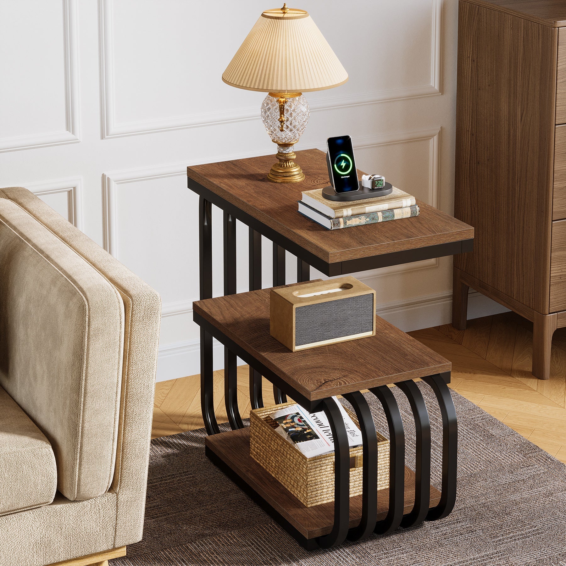 3-Tier Narrow End Table, C-Shaped Side Table for Living Room