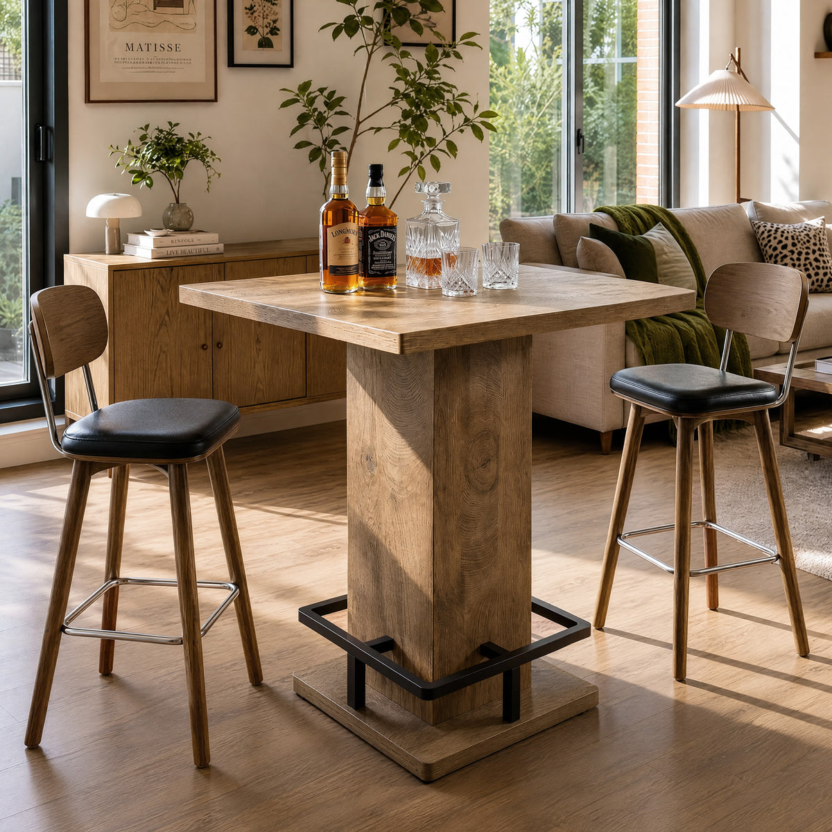 80cm Square Bar Table, Pedestal Base with Built-In Footrest for Home Bar