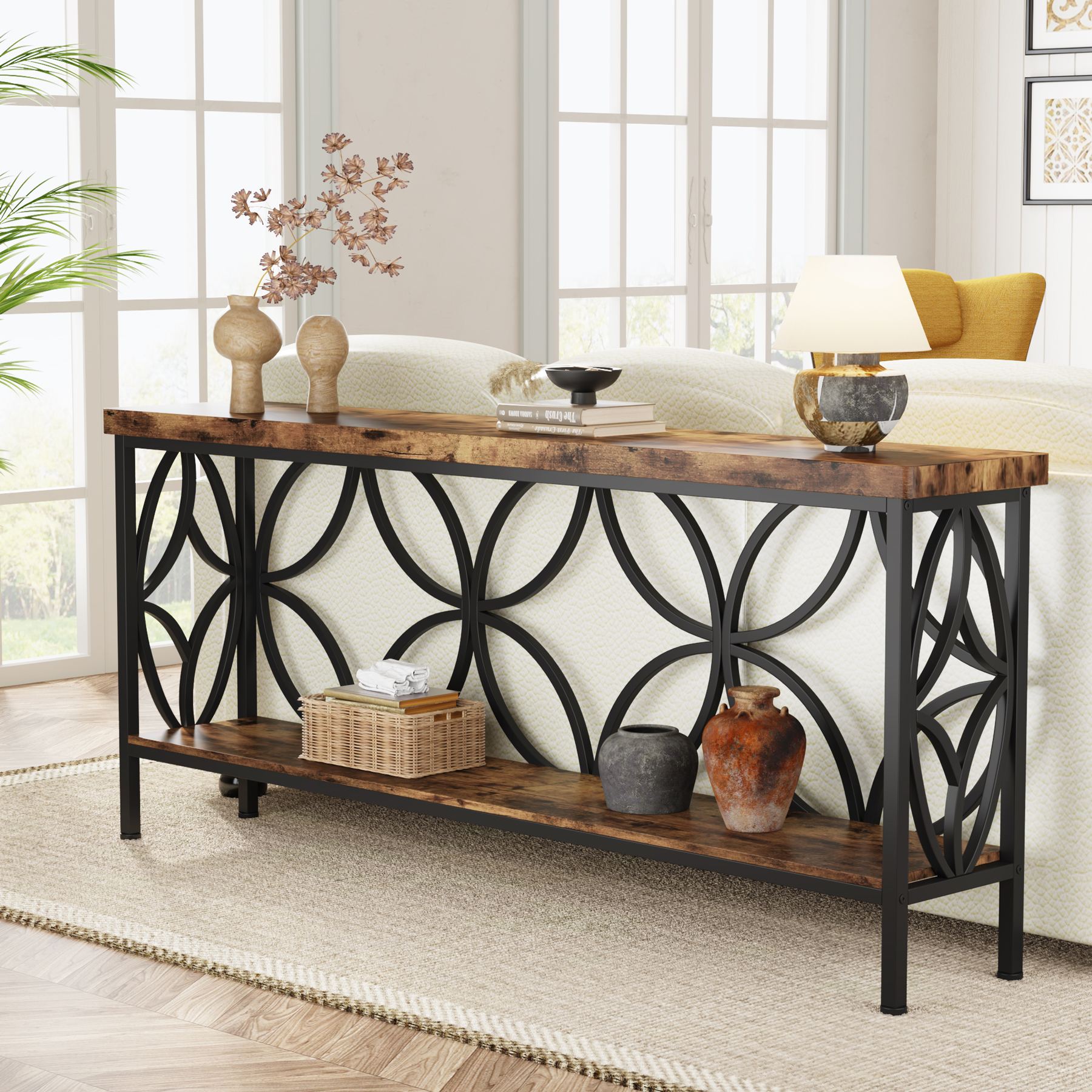 63" Industrial Console Table, Narrow Sofa Table with Storage Shelf