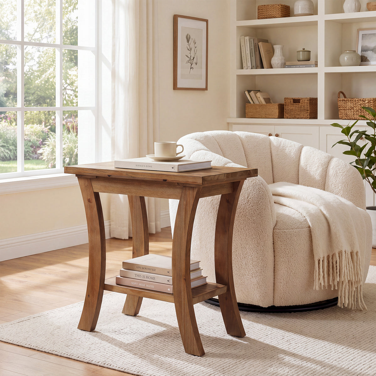 60cm Side Table, Solid Wood Farmhouse End Table with Lower Shelf