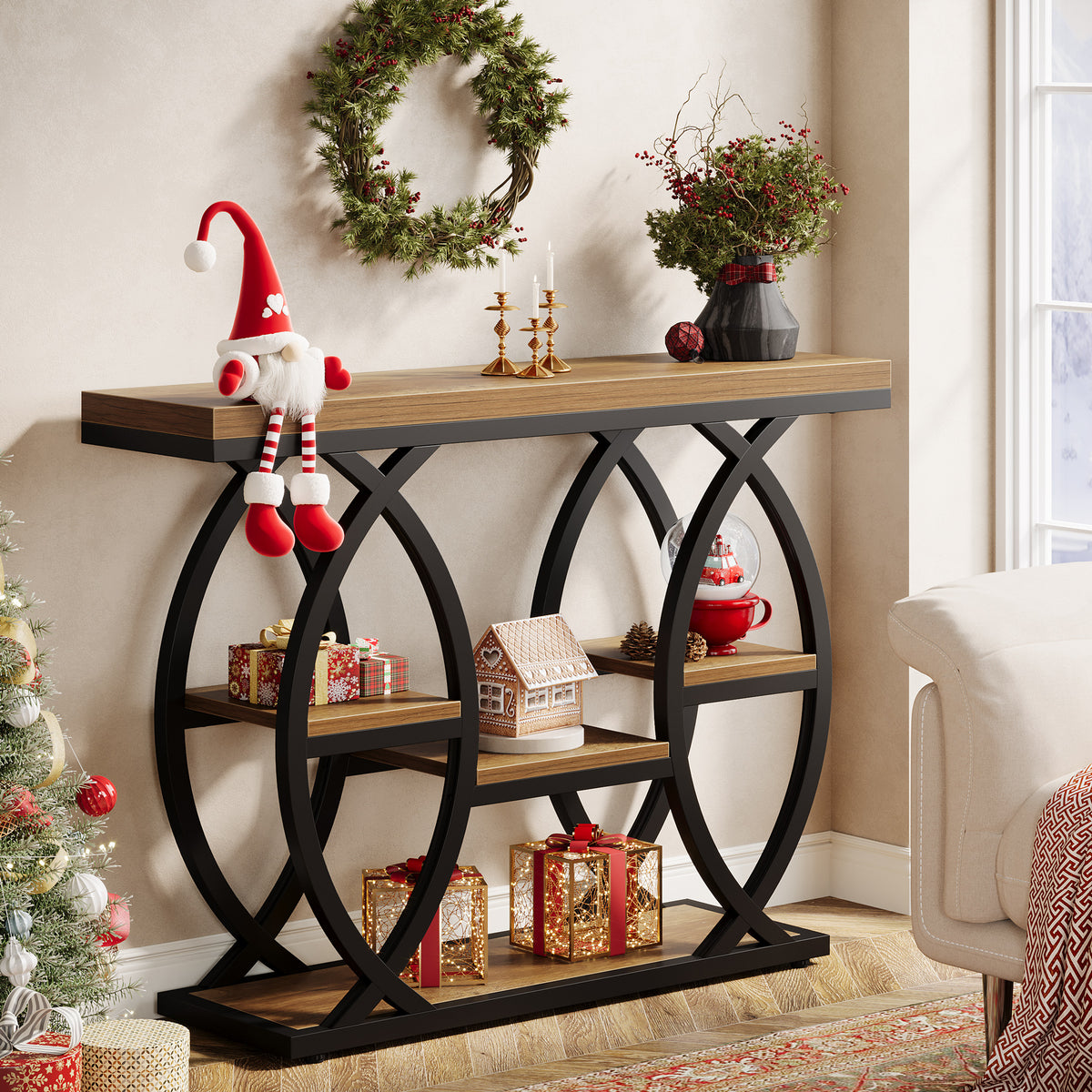 39.4" Console Table, 4-Tier Narrow Sofa Table with Metal Frame & Storage