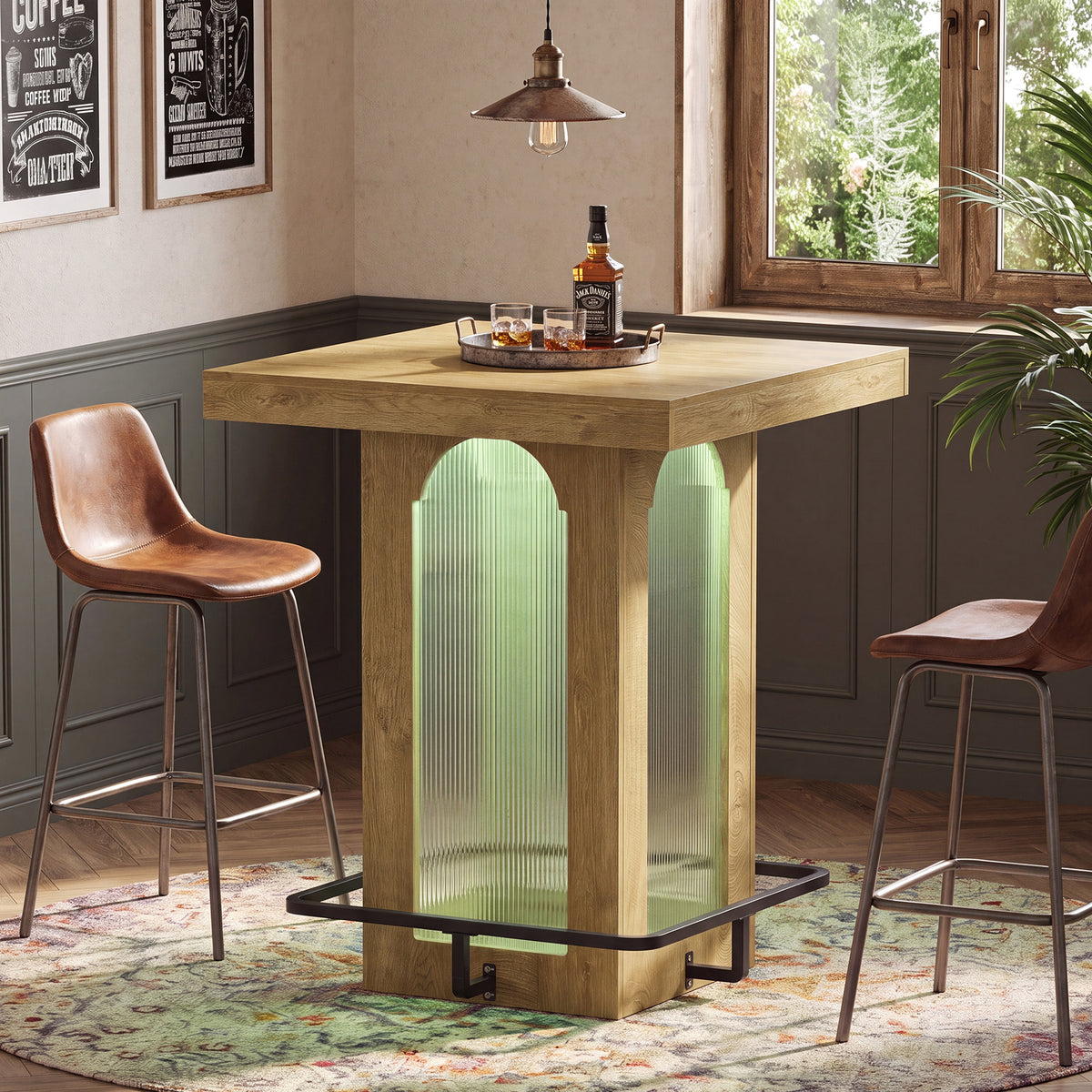 100cm Bar Table, Square High Top with RGB Light & Metal Footrest for Kitchen Home Bar