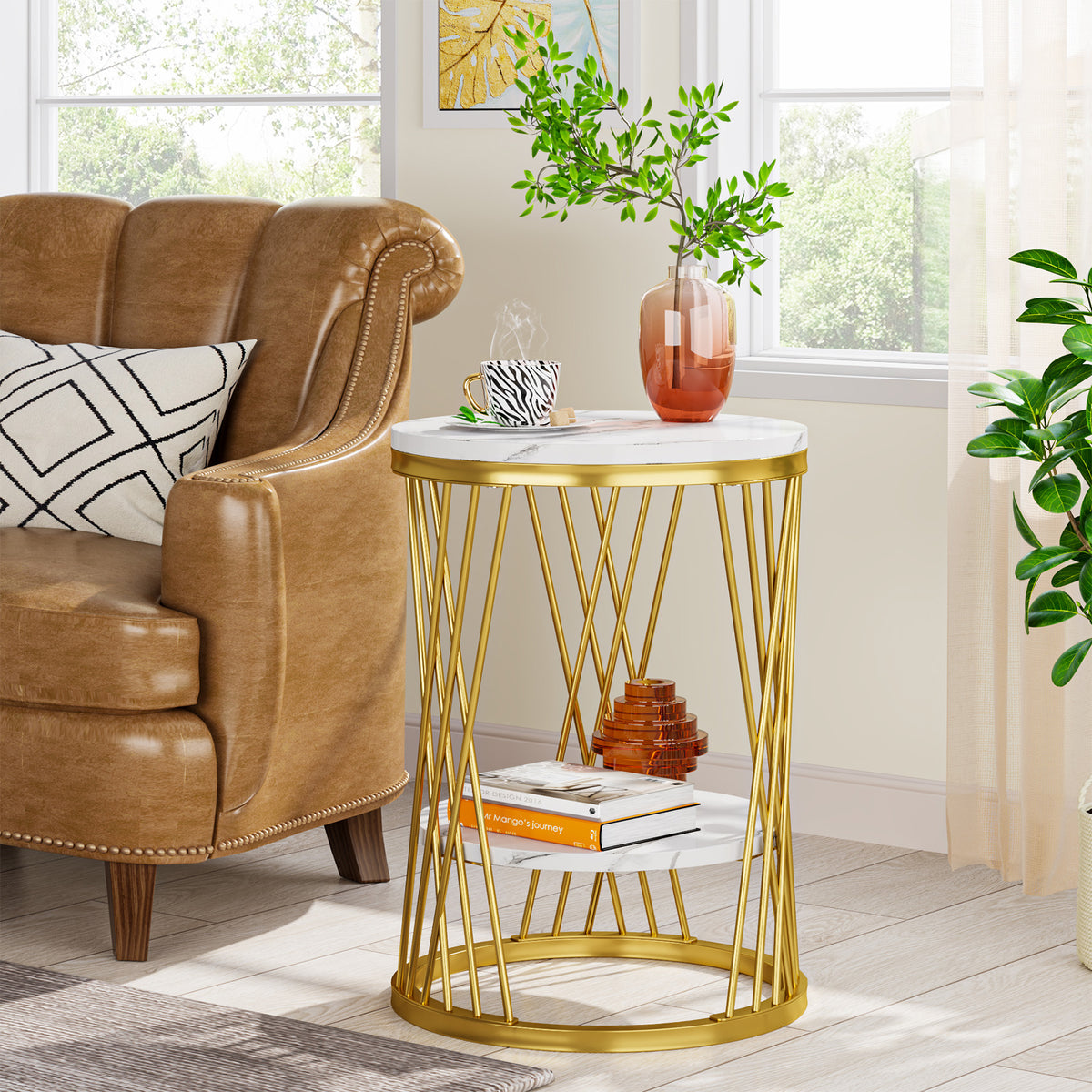 60cm Round End Table, 2-Tier Faux Marble Side Table with Gold Frame