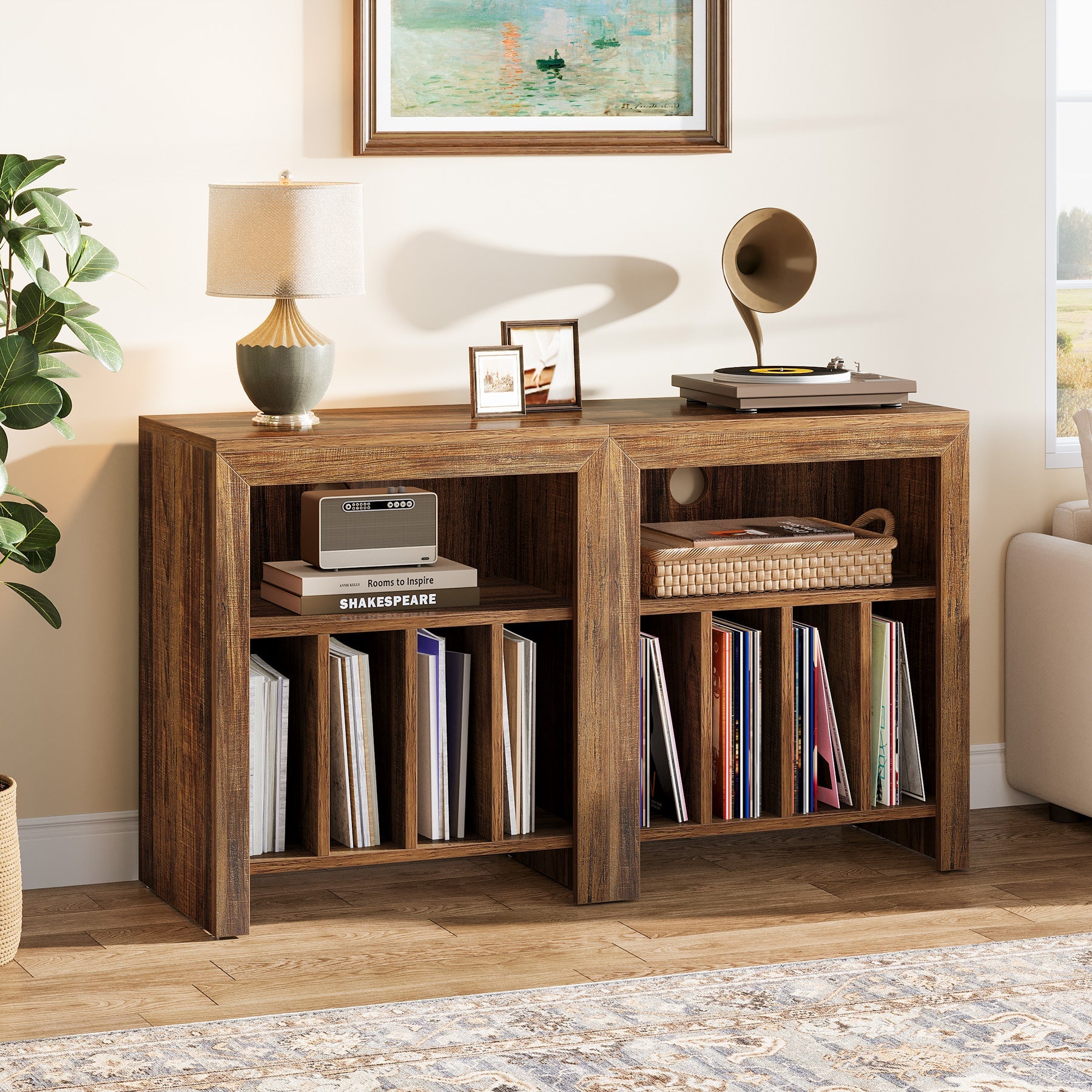 23.62" Industrial Record Player Cabinet with Wheels, Vinyl CD Media Storage Side Table