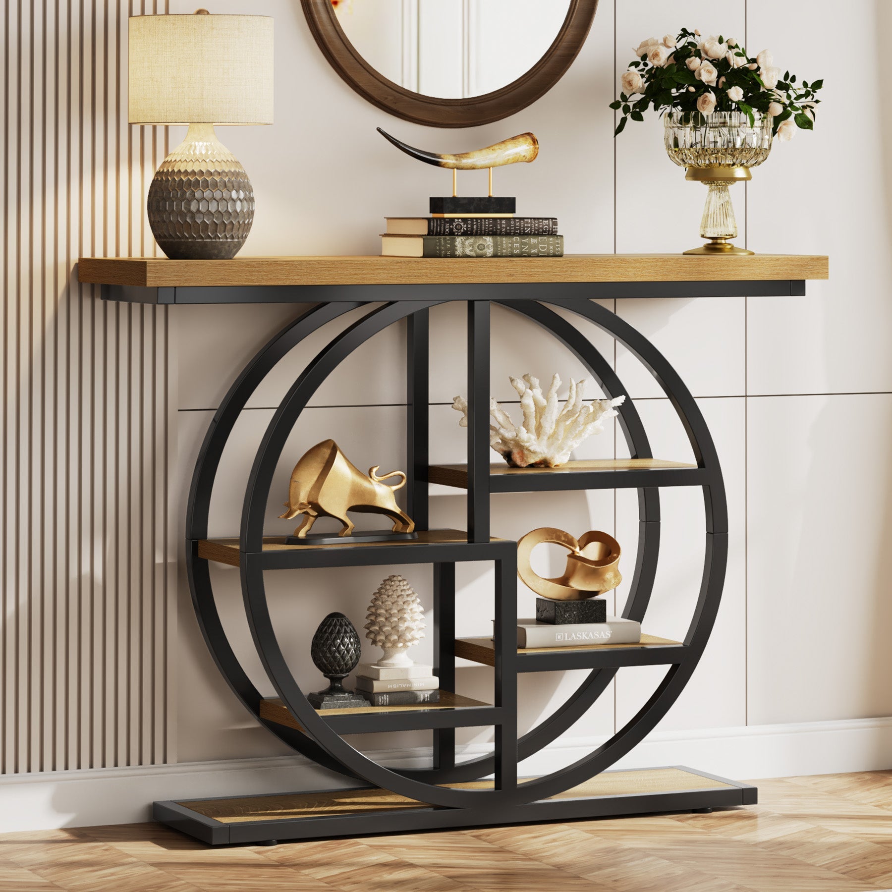 41" Industrial Console Table, Narrow 6-Tier Sofa Entryway Table with Circle Base