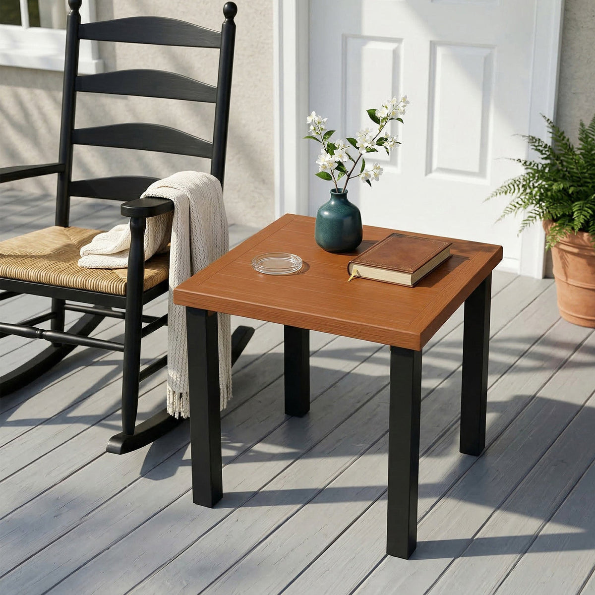 45cm Square Outdoor Side Table, Weather Resistant Patio End Table with Metal Legs