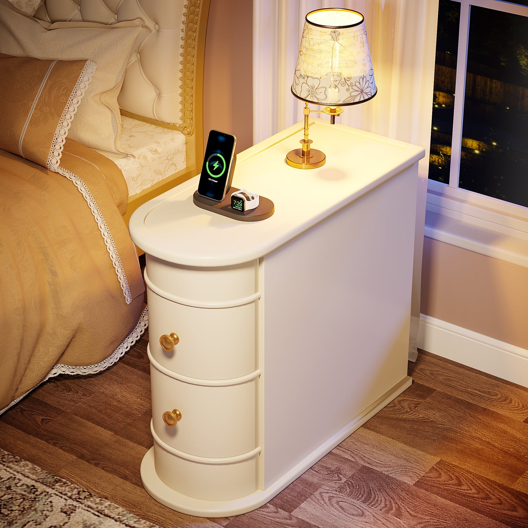 Wood Narrow End Table with 2 Drawers - Modern Nightstand