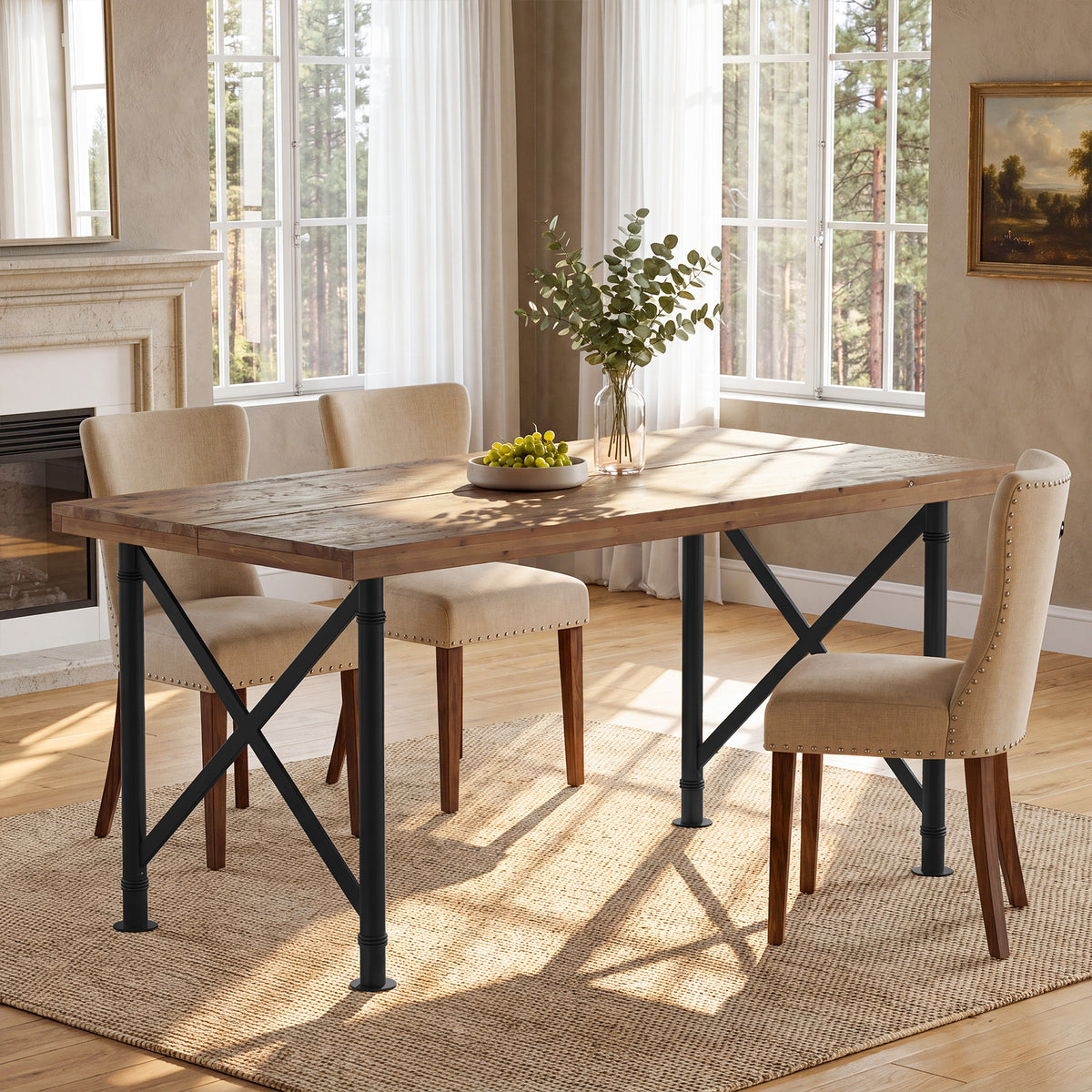160cm Dining Table, Solid Wood 4-6 Seater with X-Frame Metal Legs