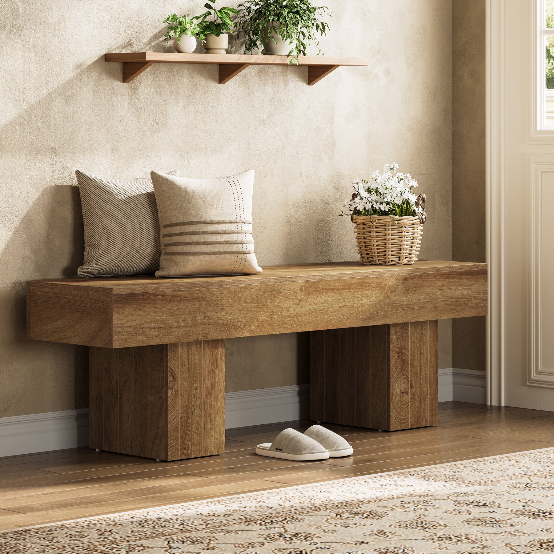 55" Wooden Entryway Bench with Broad Legs, Farmhouse Indoor Bench with 330 lb Capacity
