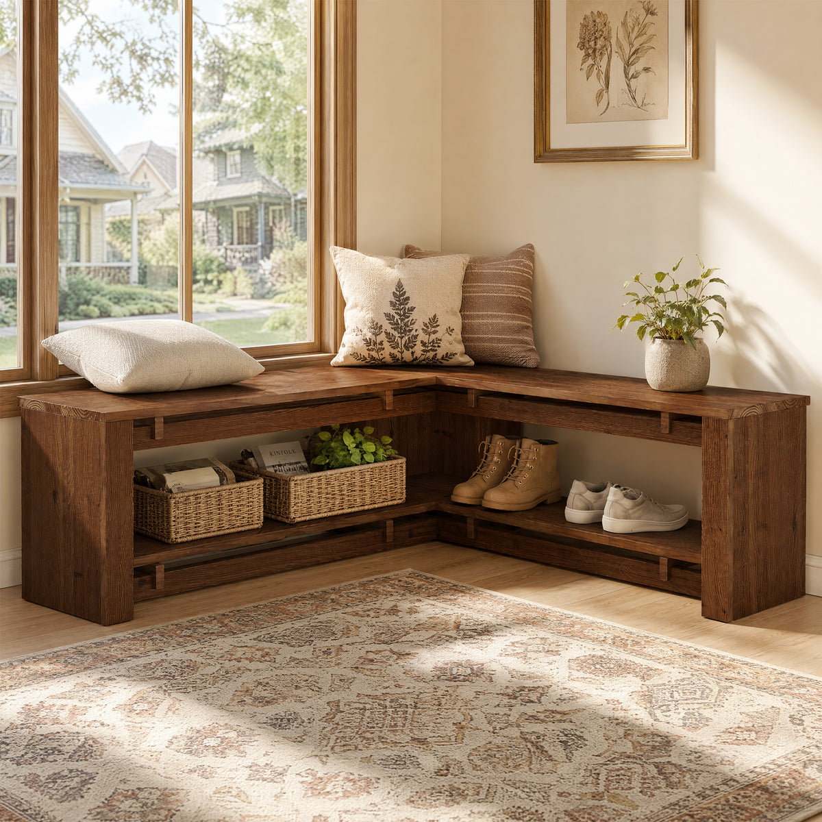 120cm L-Shaped Corner Bench, Rustic Solid Wood Shoe Storage for Entryway