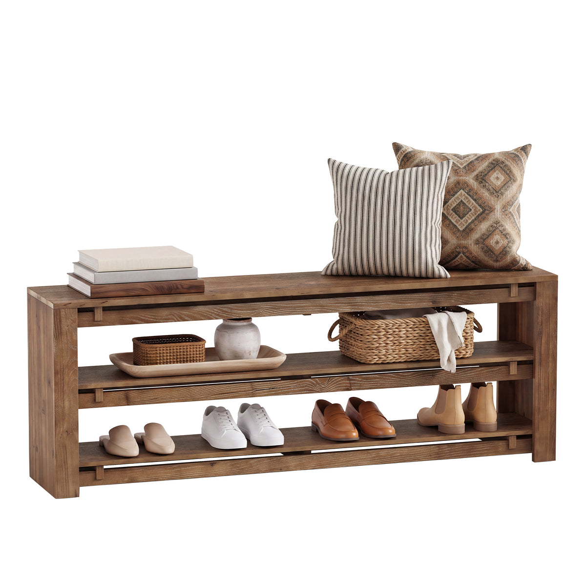 160cm Entryway Bench, 3-Tier Solid Wood Shoe Bench with Storage for Hallway Bedroom