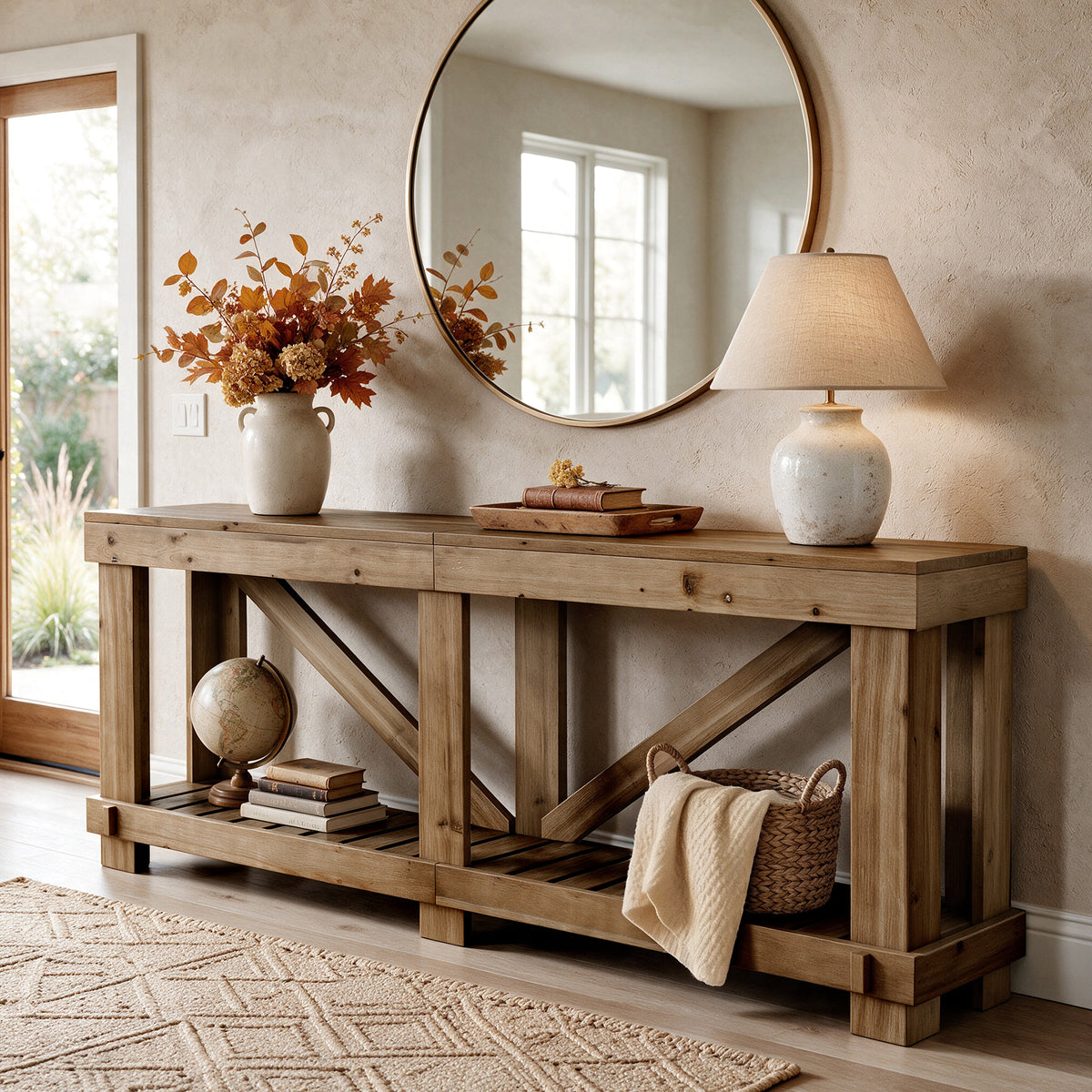 200cm Console Table, Solid Wood Narrow Sofa Table with Open Slatted Shelf for Entryway
