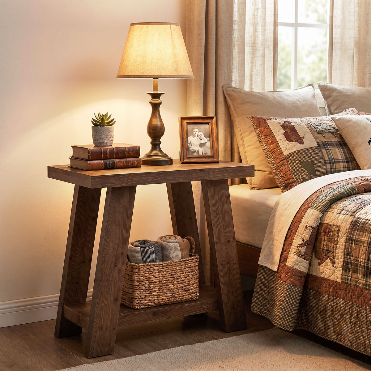 70cm Side Table, Solid Wood 2-Tier Nightstand with Storage for Living Room Bedroom