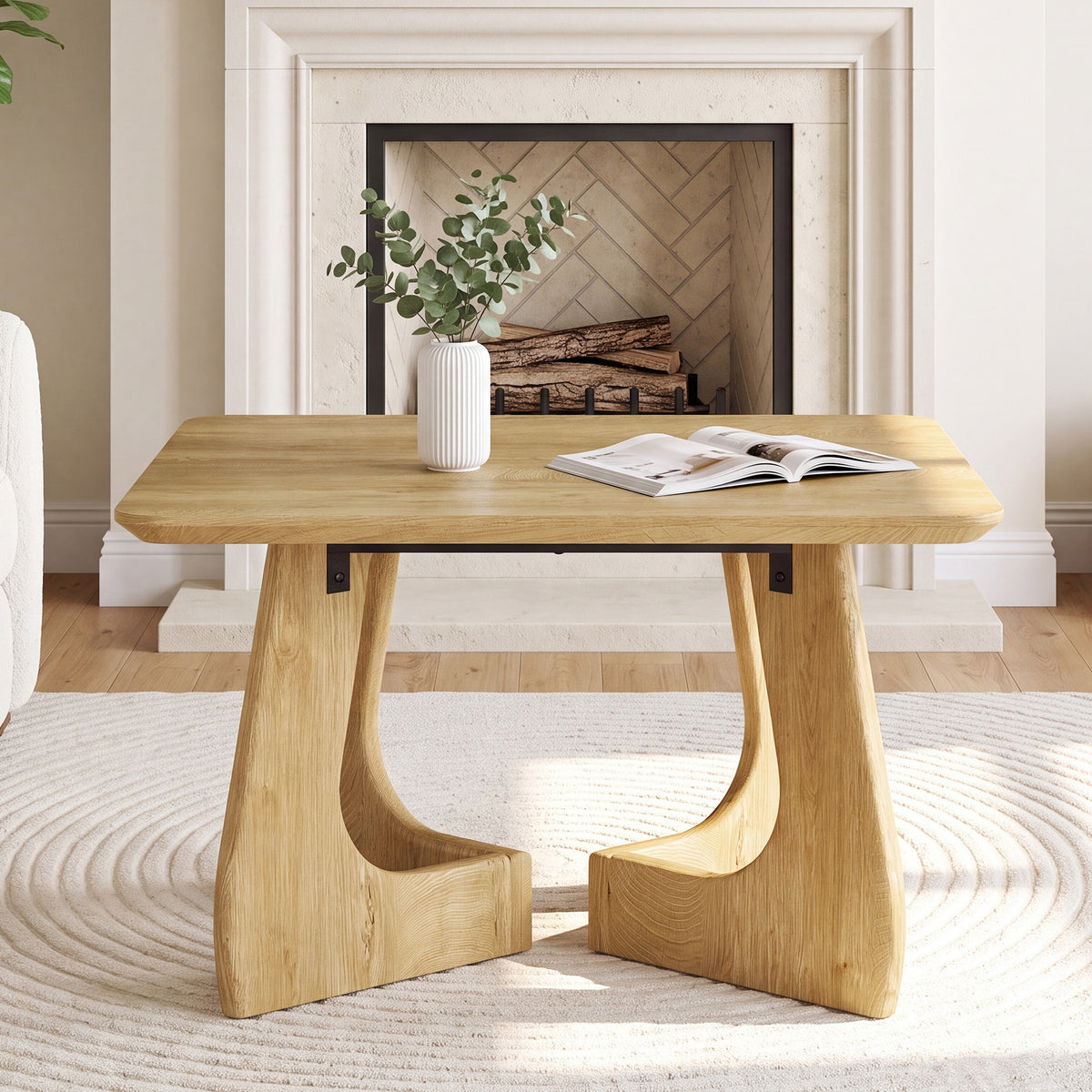 80cm Square Coffee Table, Modern Sculptural Wood Frame for Living Room