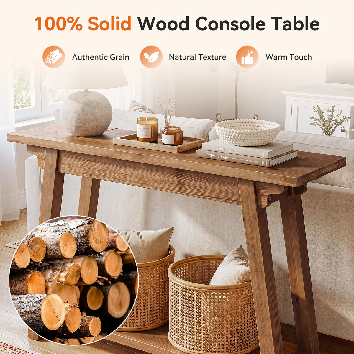 105cm Console Table, 2-Tier Solid Wood Farmhouse Entryway Table with A-Frame