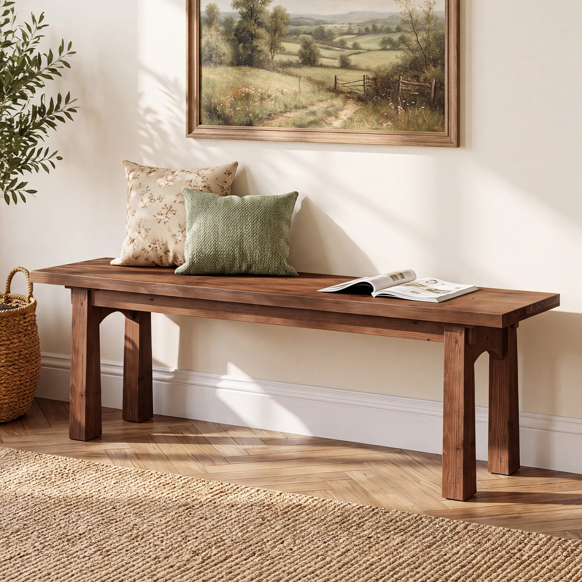 140cm Entryway Bench, Solid Wood Farmhouse Shoe Bench