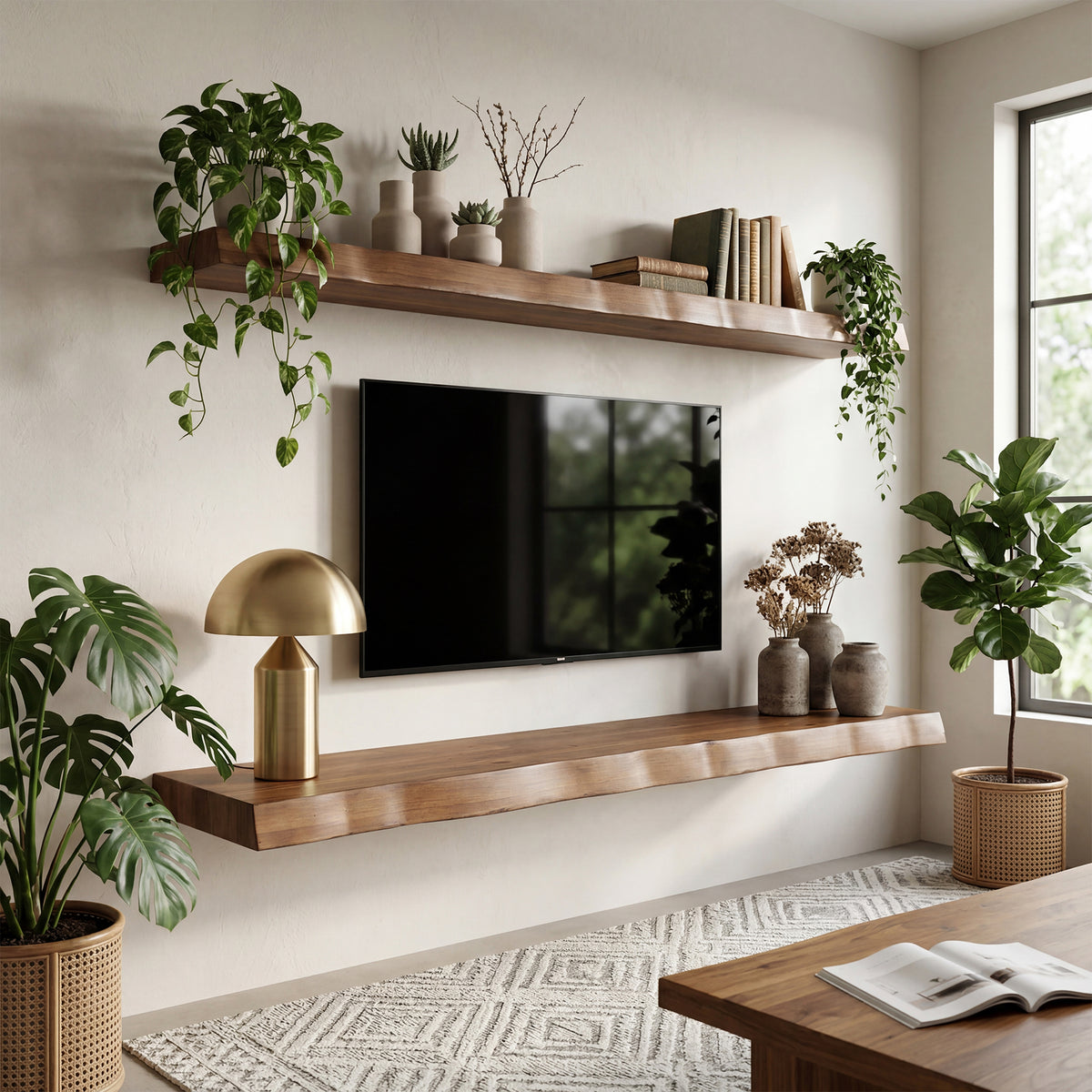 160cm Floating TV Stand, Solid Wood Wall-Mounted Media Console with Storage for 65-inch TVs