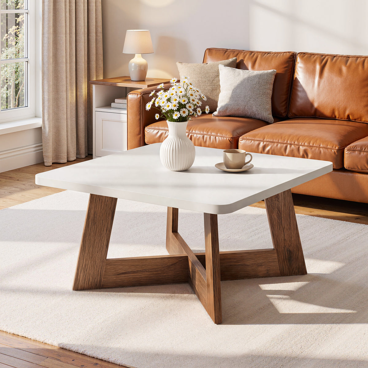 80cm Square Coffee Table, Modern White Centre Table with Cross Base for Living Room