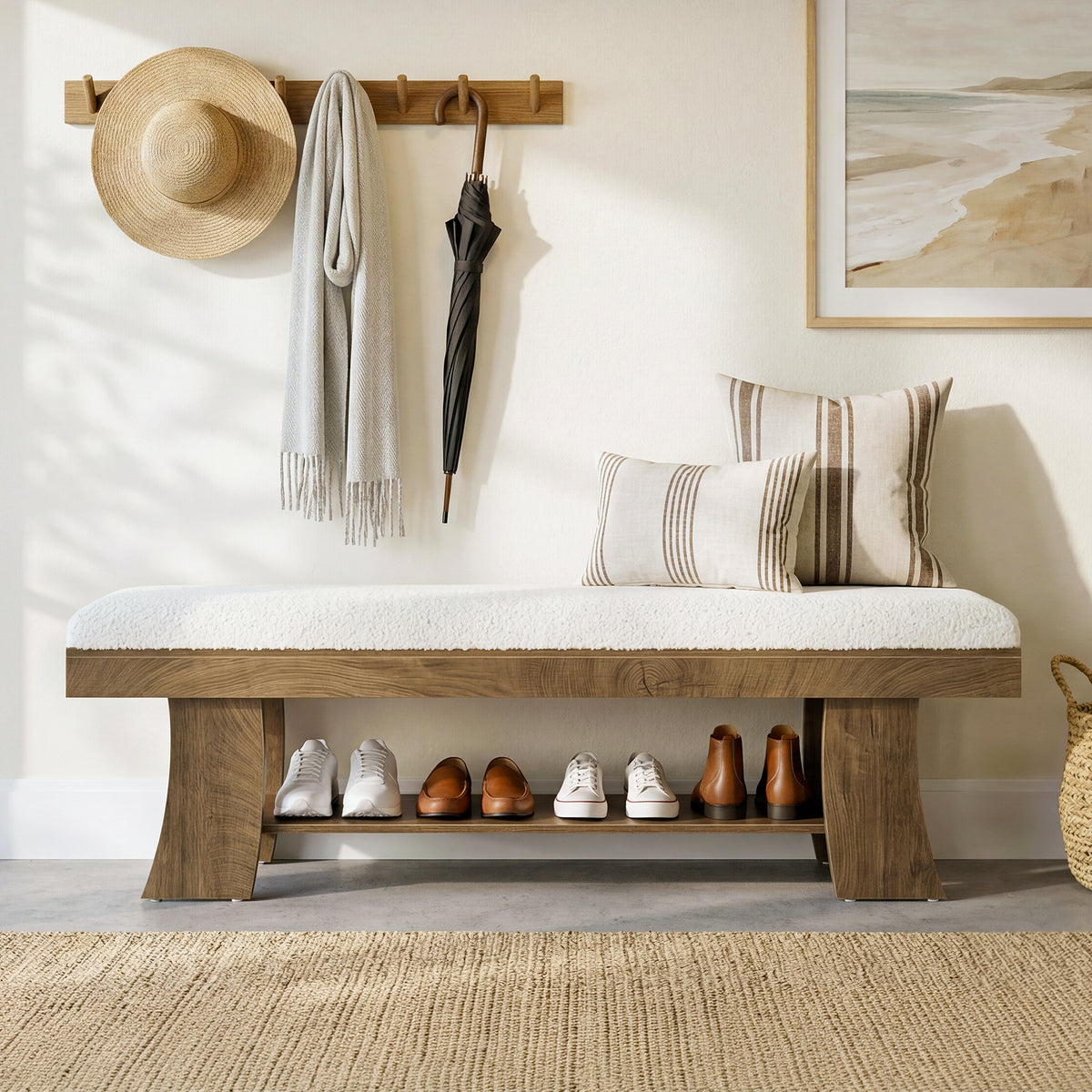 150cm Entryway Bench, Upholstered Shoe Bench with Cushion & Storage Shelf for Hallway