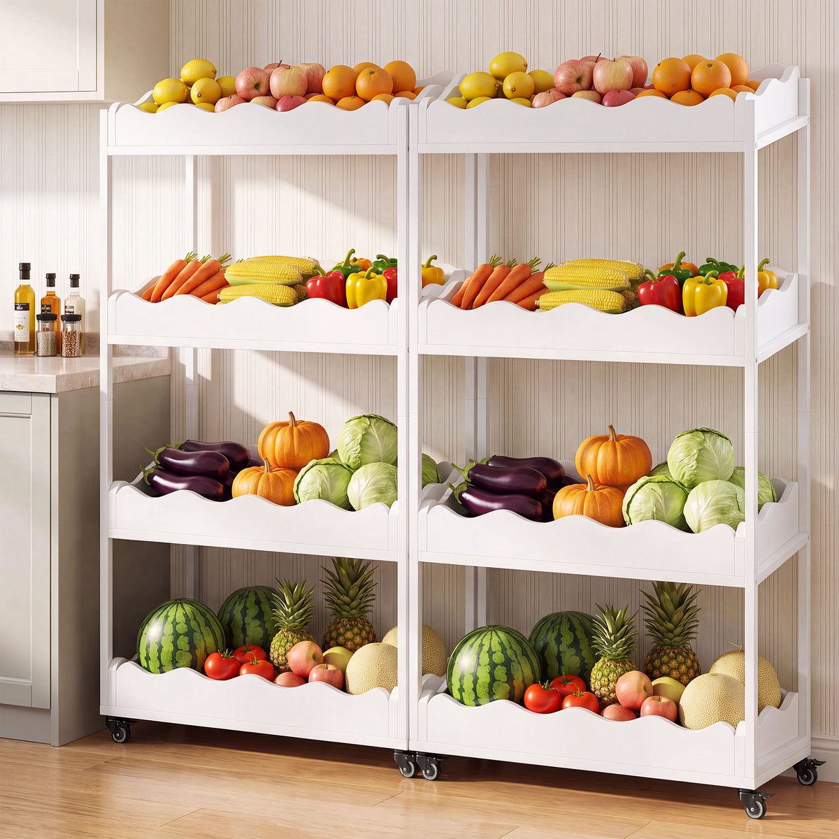 140cm 4-Tier Kitchen Trolley, Fruit & Veg Storage Rack with Wheels for Kitchen