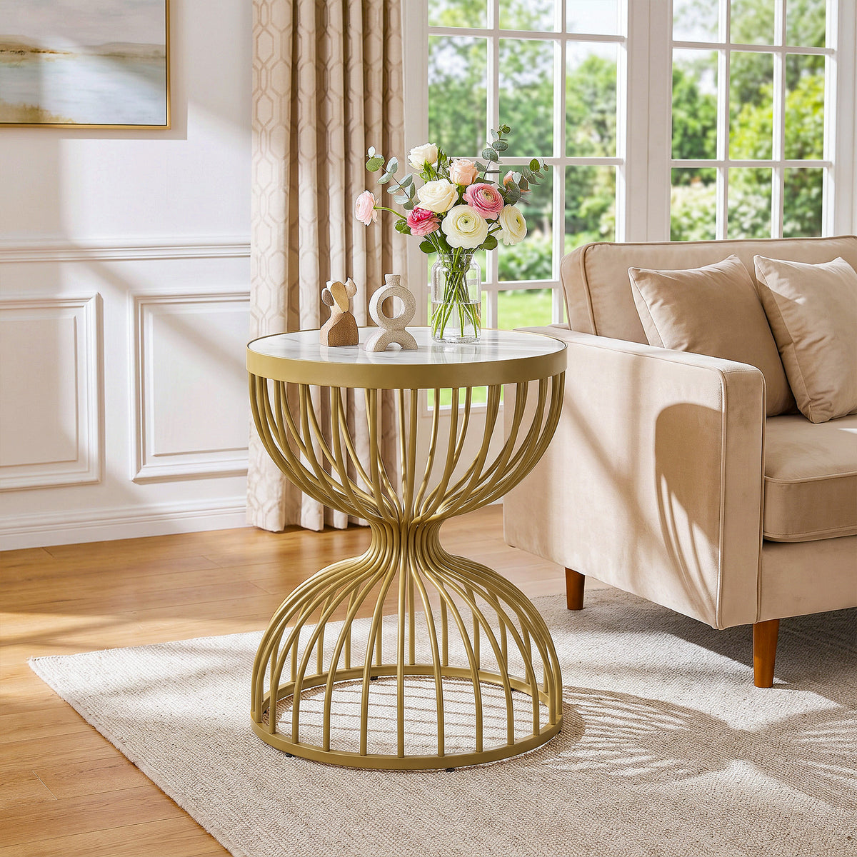 50cm Round End Table, Modern Accent Side Table with Faux Marble Top & Metal Frame
