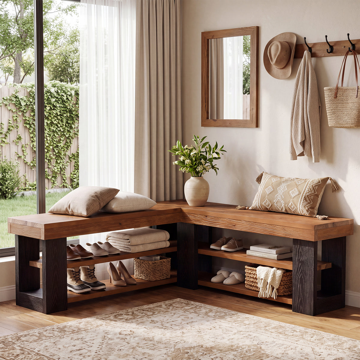 120cm L-Shaped Corner Bench, 3-Tier Solid Wood Entryway Bench for Hallway Mudroom