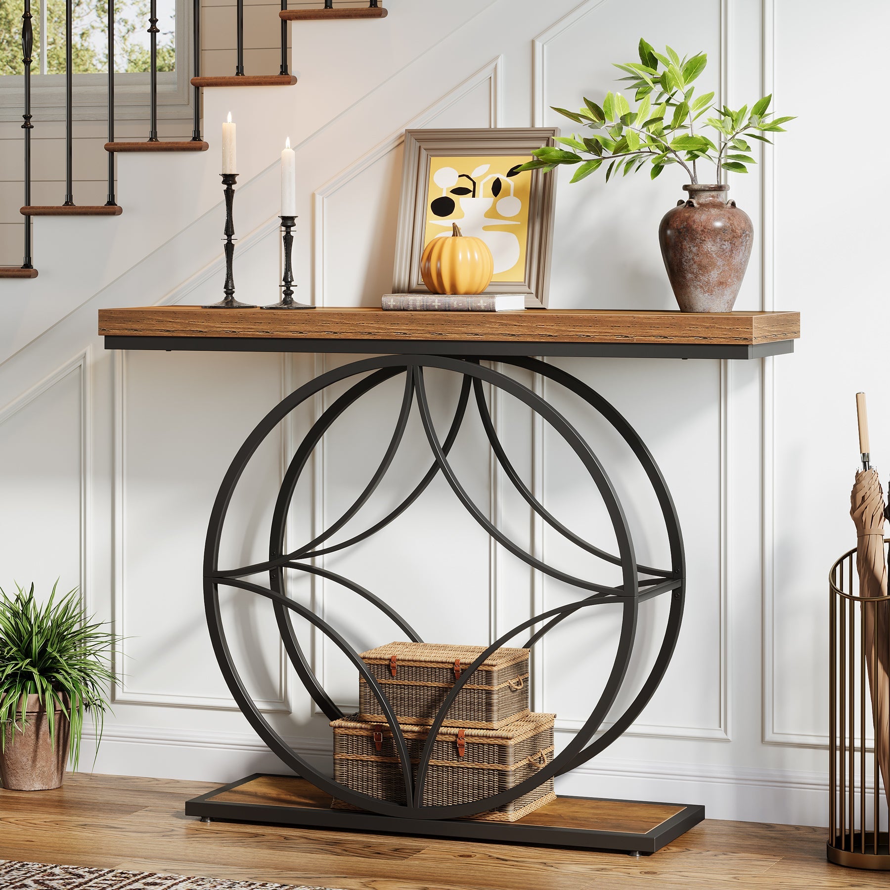47" Console Table, Industrial 2-Tier Sofa Table with Geometric Metal Frame