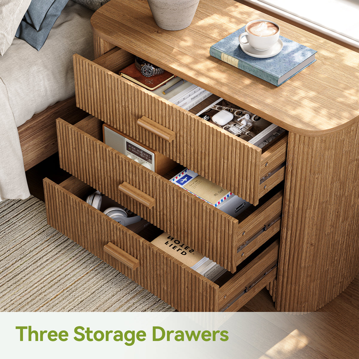 Tribesigns 80cm wide bedside table, large modern design with 3 drawers for the bedroom