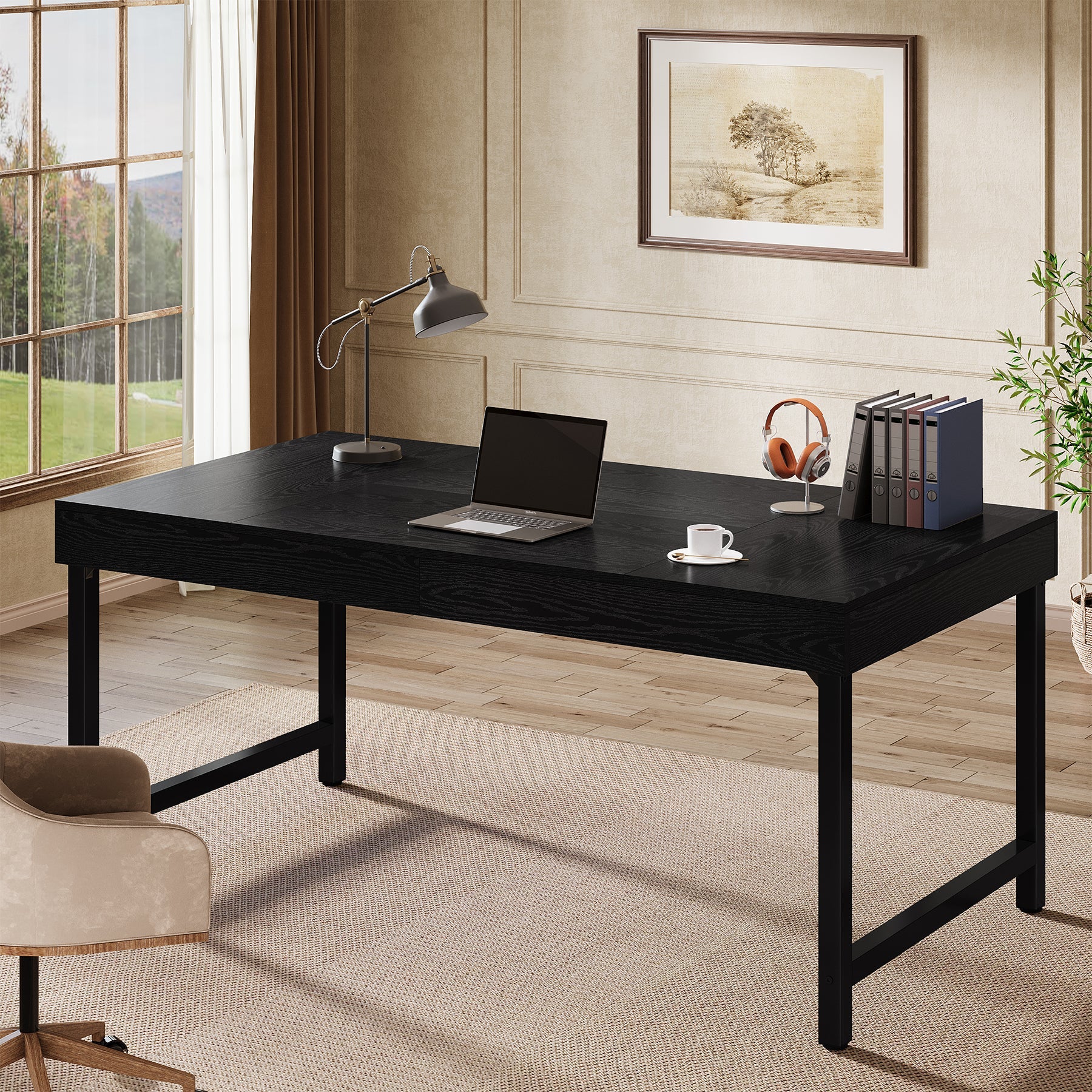 55" Industrial Executive Desk, Rustic Office Desk with Metal Legs, Study & Conference Workstation