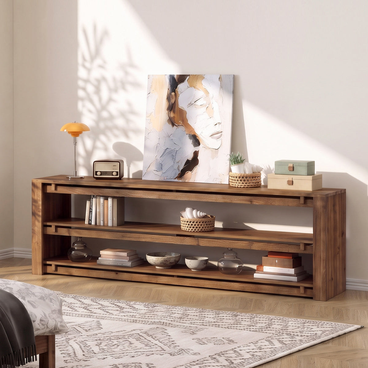 160cm TV Stand, Solid Wood 3-Tier Console with Storage for TVs up to 75"