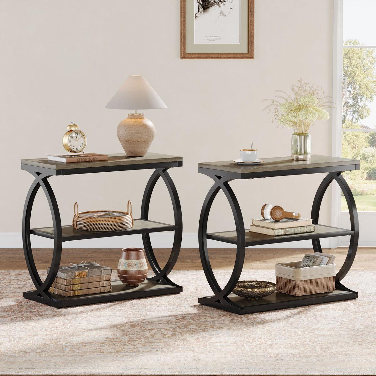 3-Tier End Table, Narrow Side Table Nightstand with Metal Frame