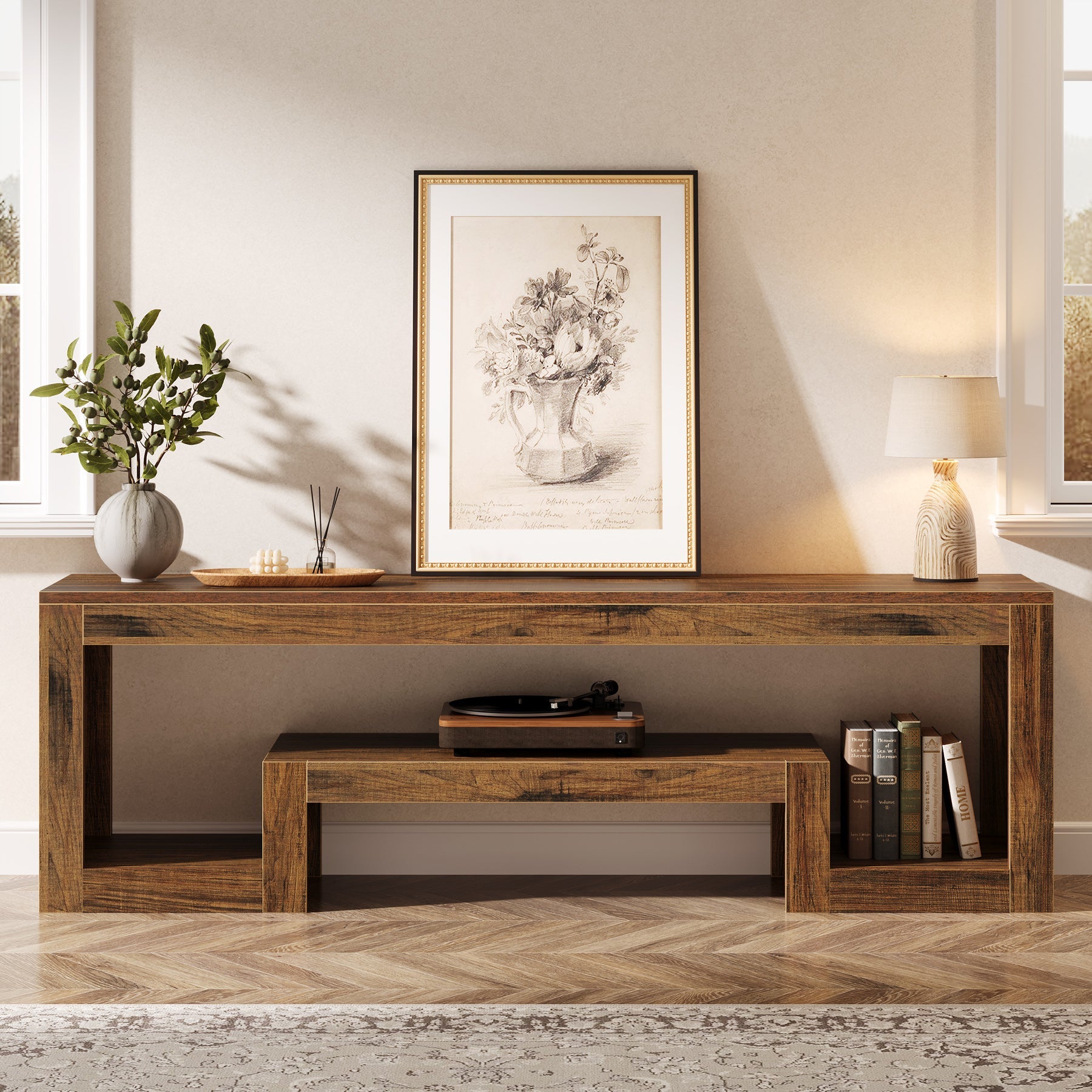 63” TV Stand, Farmhouse Entertainment Center with Open Storage Shelves for Living Room