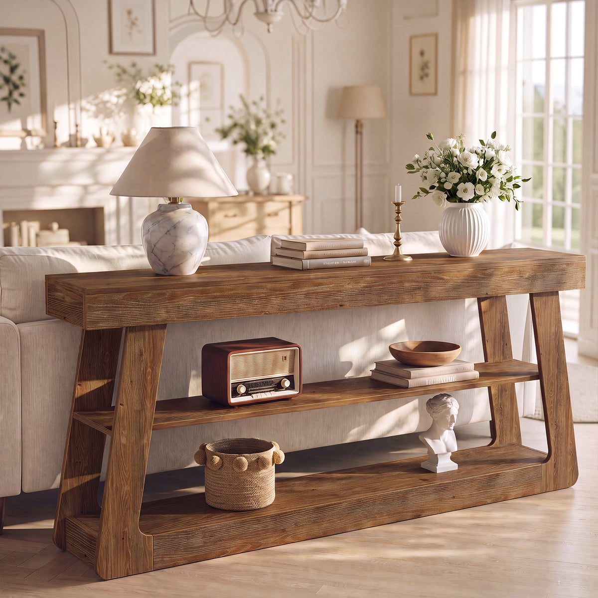160cm Console Table, Solid Wood 3-Tier Entryway Table with A-Shaped Frame