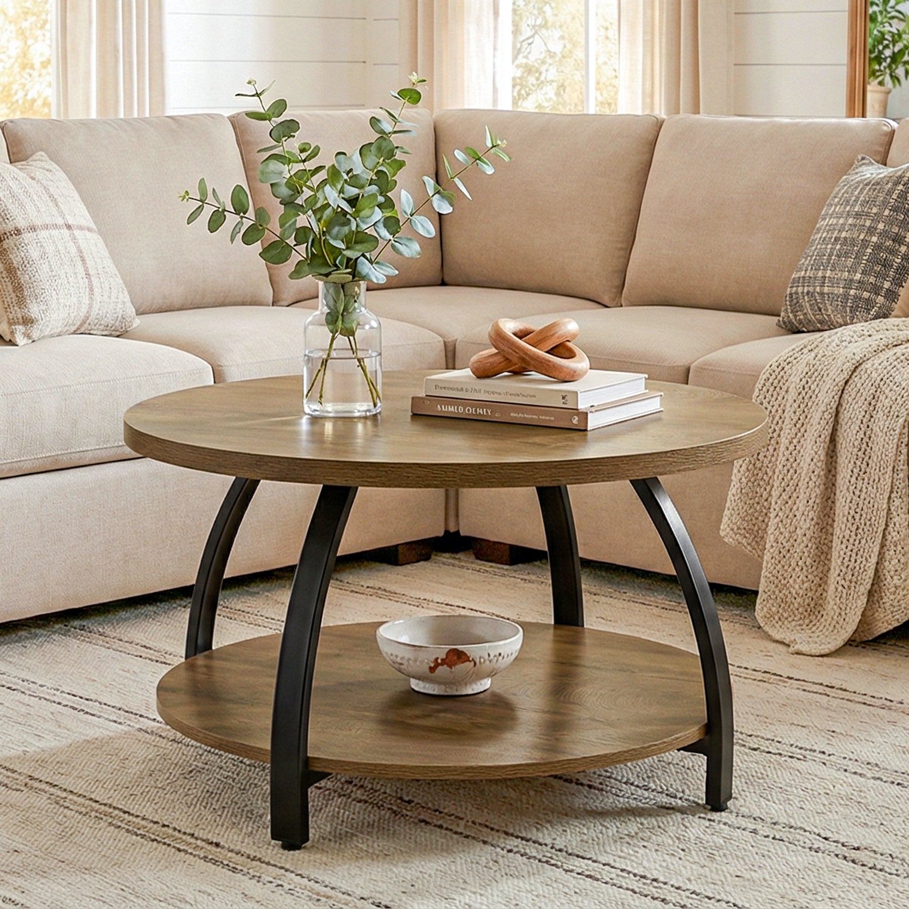 80cm Round Coffee Table, Center Cocktail Table with 2-Tier Storage Shelves