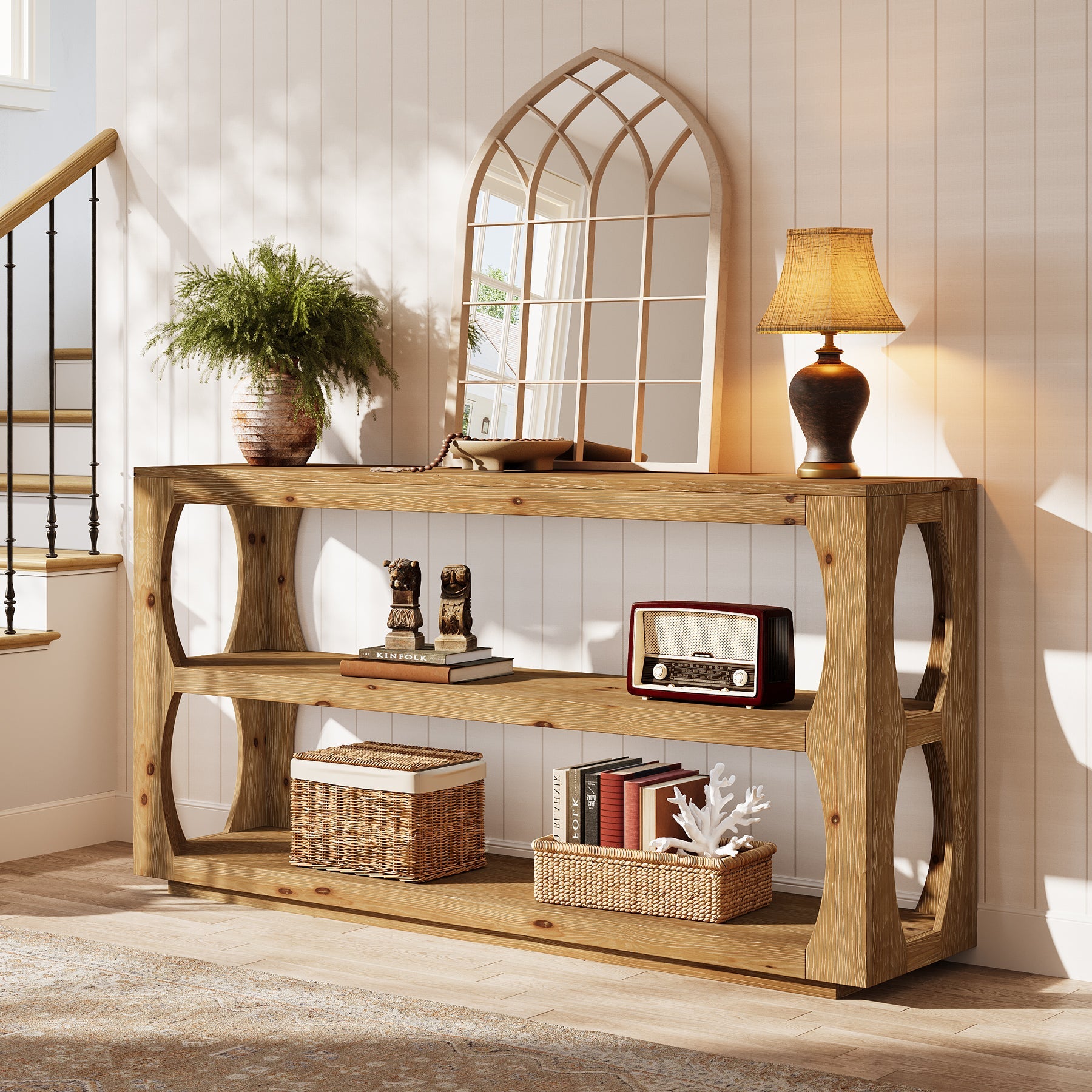 160cm Solid Wood Console Table, Farmhouse Narrow Entryway Sofa Table with 3-Tier Storage