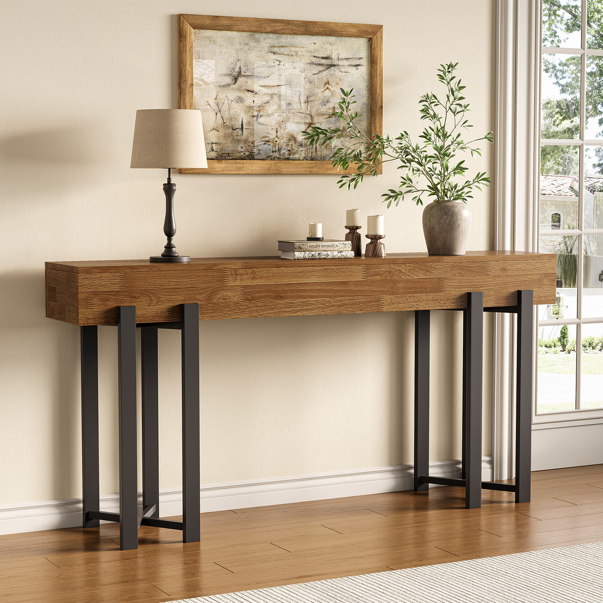 63" Industrial Console Table with Metal Frame, Wooden Sofa Table for Entryway and Living Room