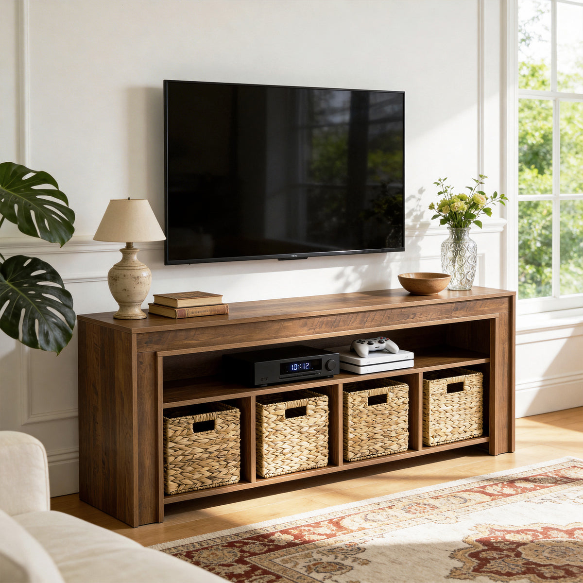 160cm Farmhouse TV Stand, Media Console with Baskets & Open Storage for 55-70" TVs