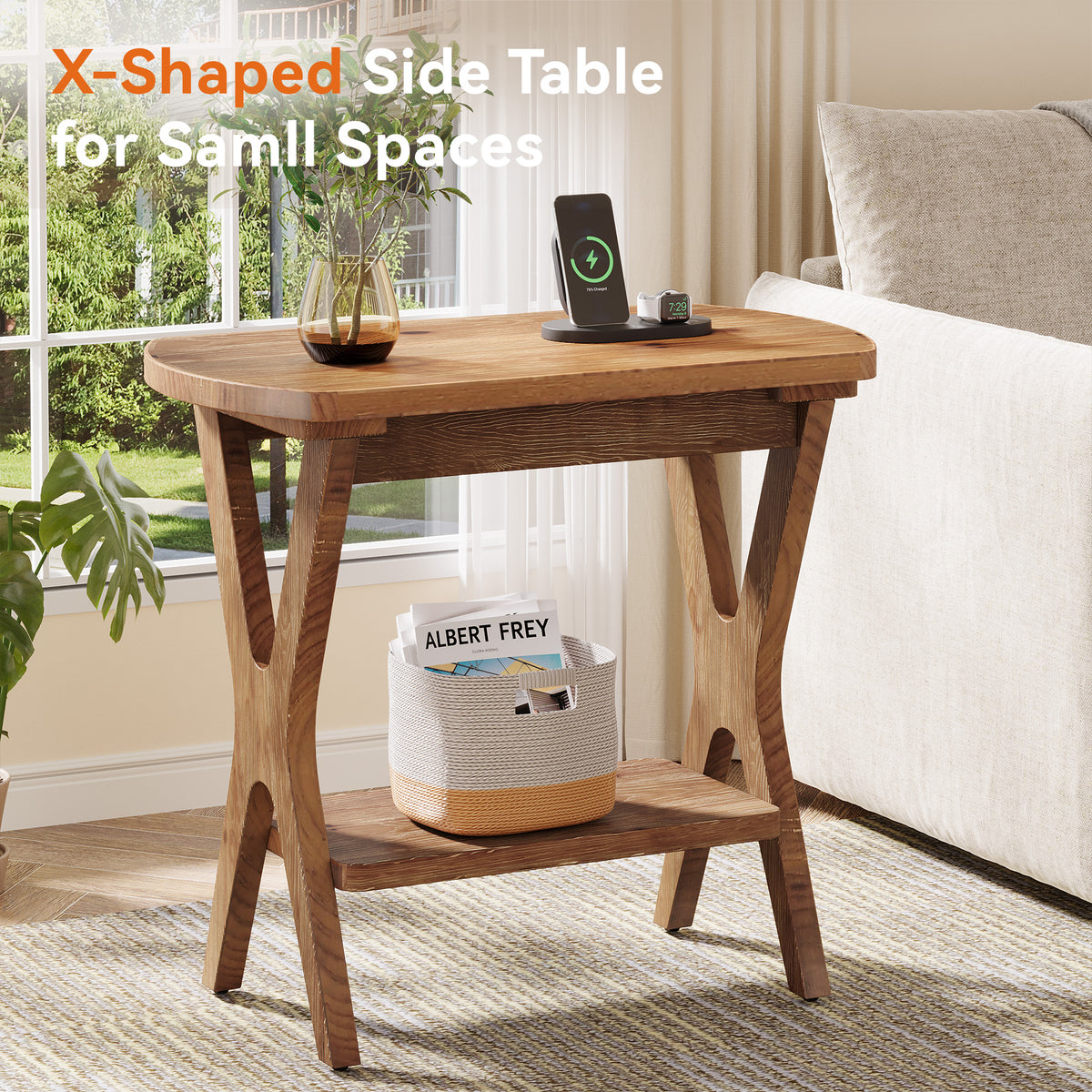 50cm Side Table, Solid Wood 2-Tier End Table Nightstand with Storage for Living Room