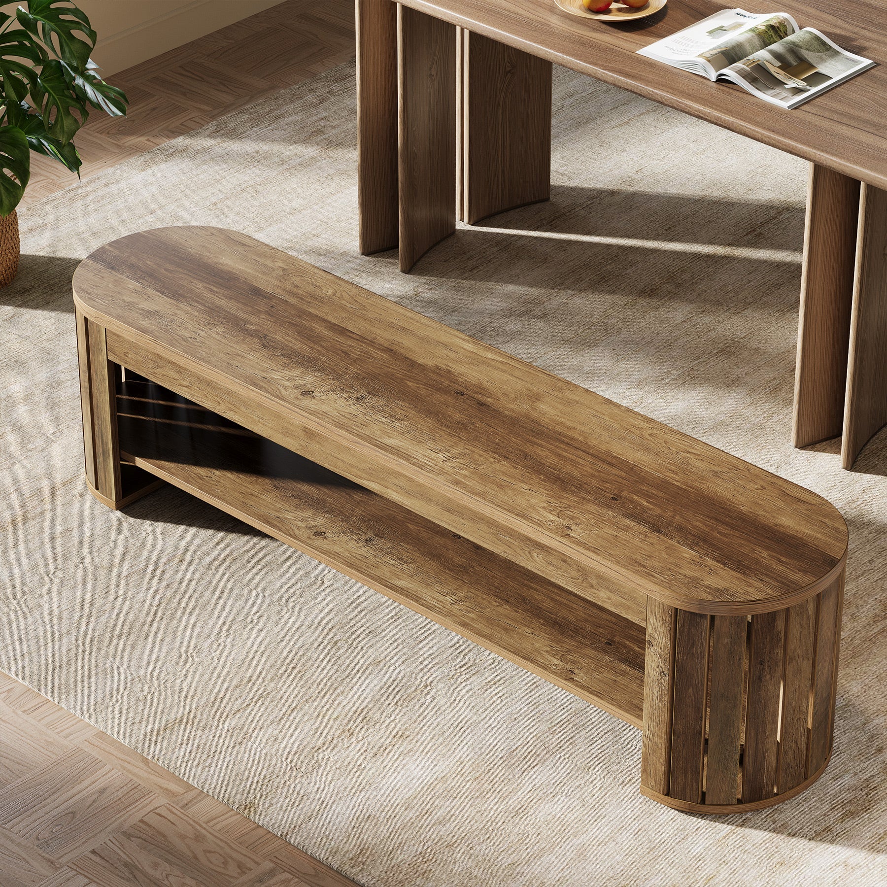 63" Wooden Dining Bench with Arc Slat Legs, Farmhouse Bench for Dining Room