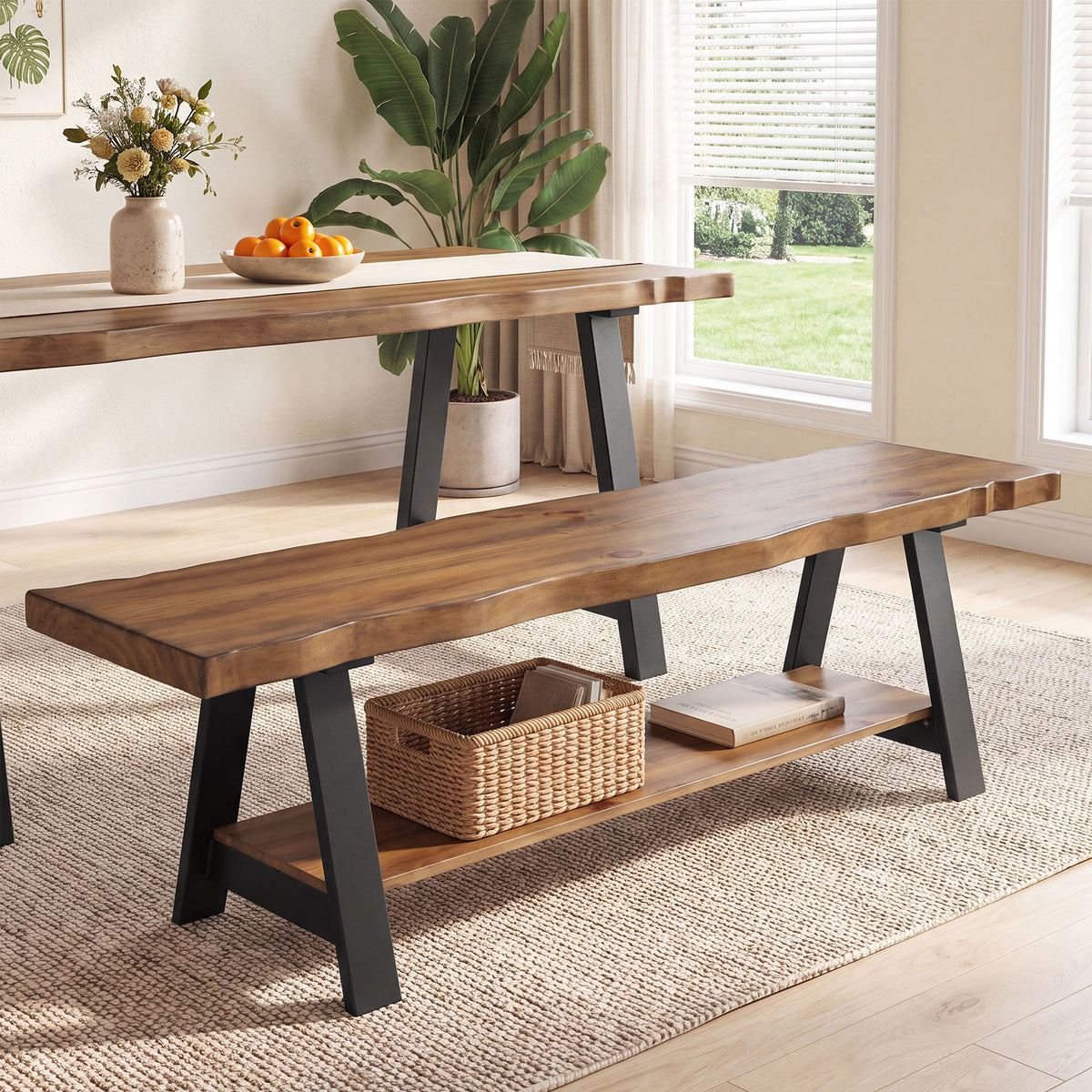 140cm Entryway Bench, Solid Wood Live Edge Storage Shelf for Hallway Mudroom