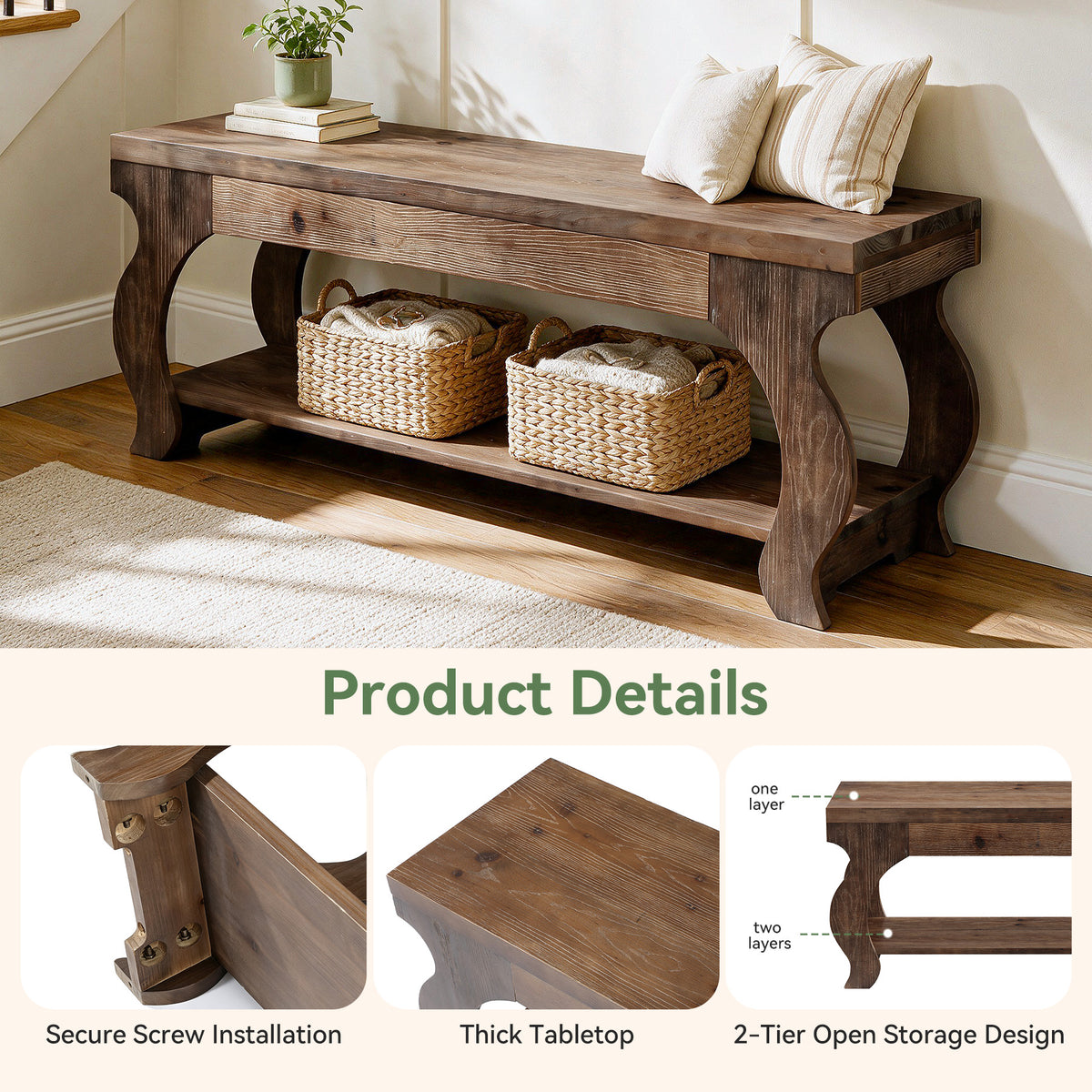140cm Entryway Bench, Solid Wood 2-Tier Farmhouse Storage Shelf