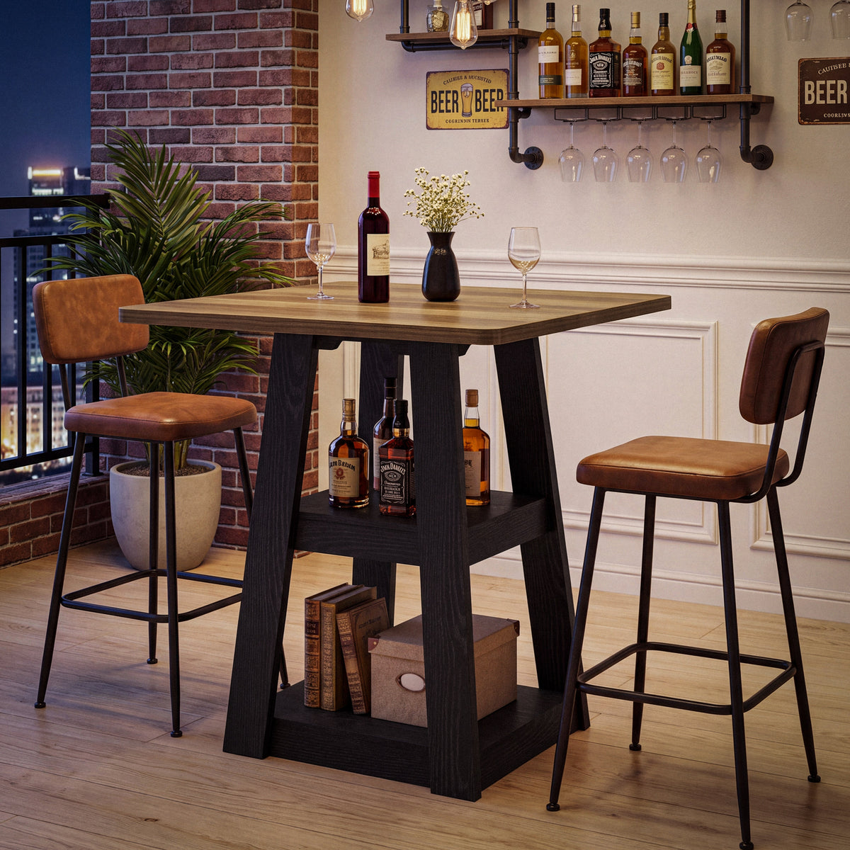 90cm Square Bar Table, Farmhouse Pub Table with 2-Tier Storage Shelves for Kitchen Dining Room