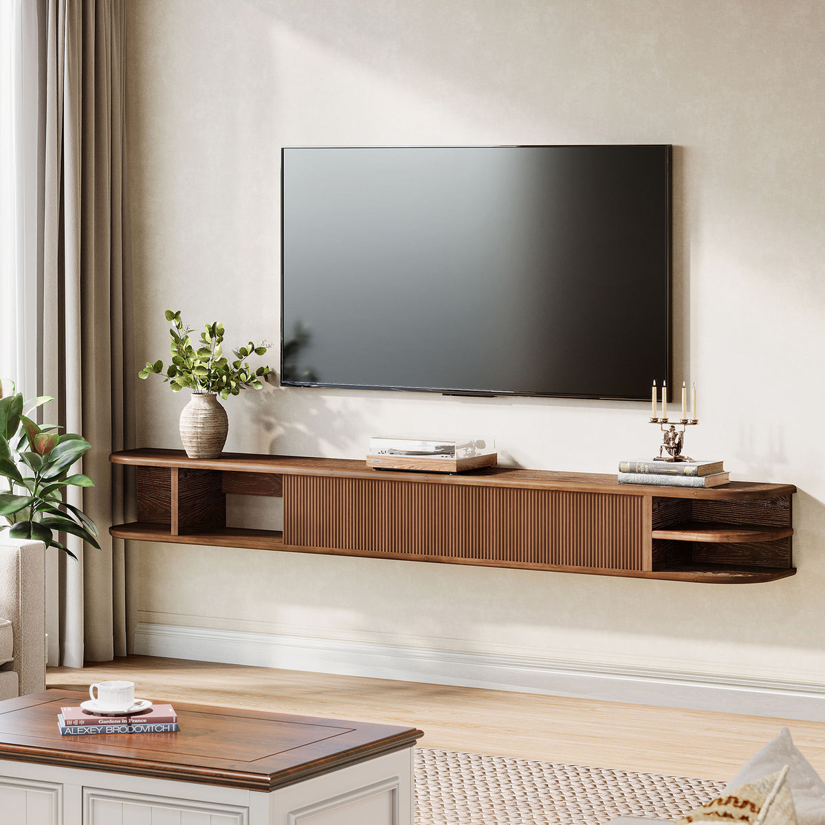 180cm Floating TV Stand, Solid Wood Media Console with Fluted Doors & Cable Management for 50-90" TVs