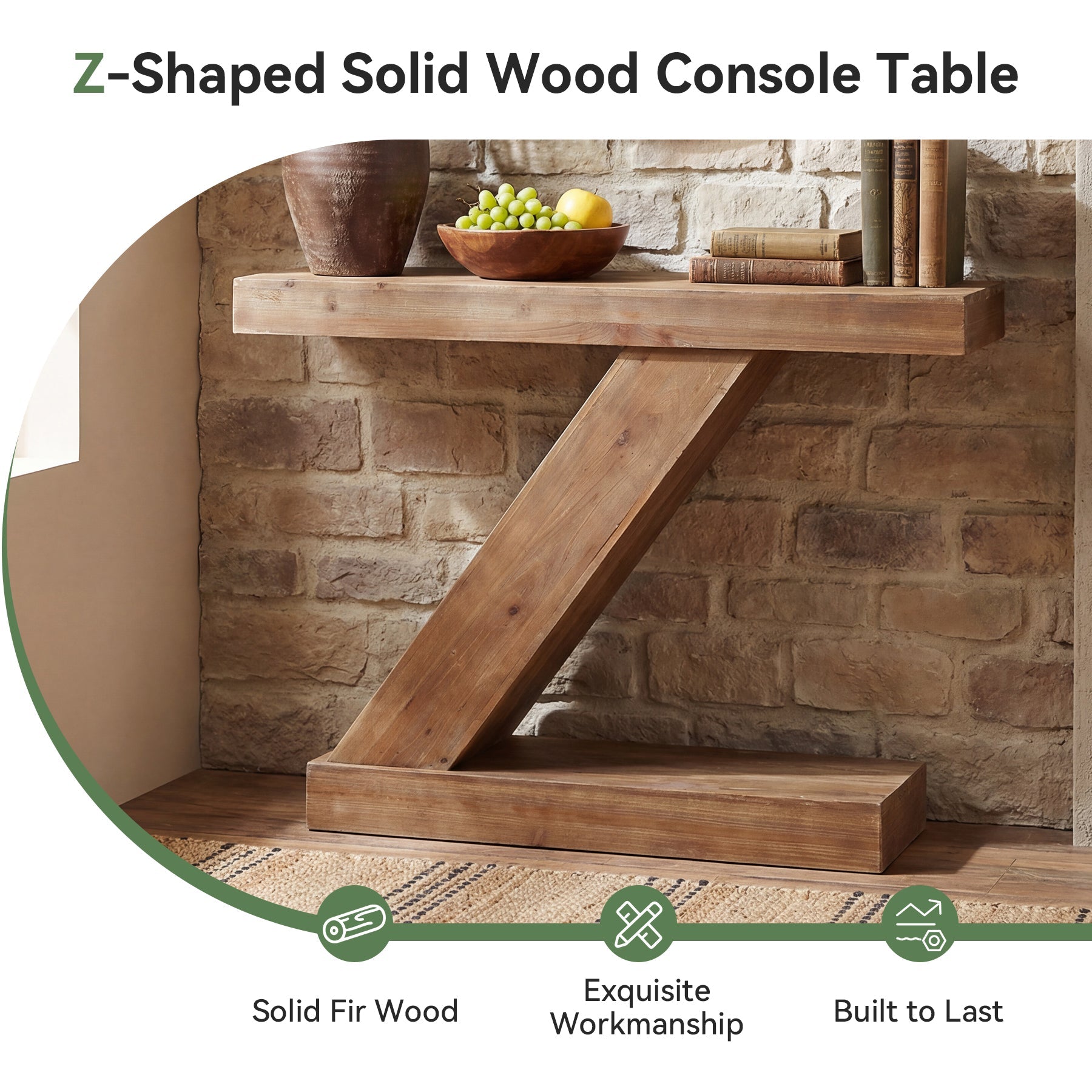 105cm Solid Wood Z-Shape Console Table, Modern Narrow Entryway Sofa Table for Living Room or Hallway