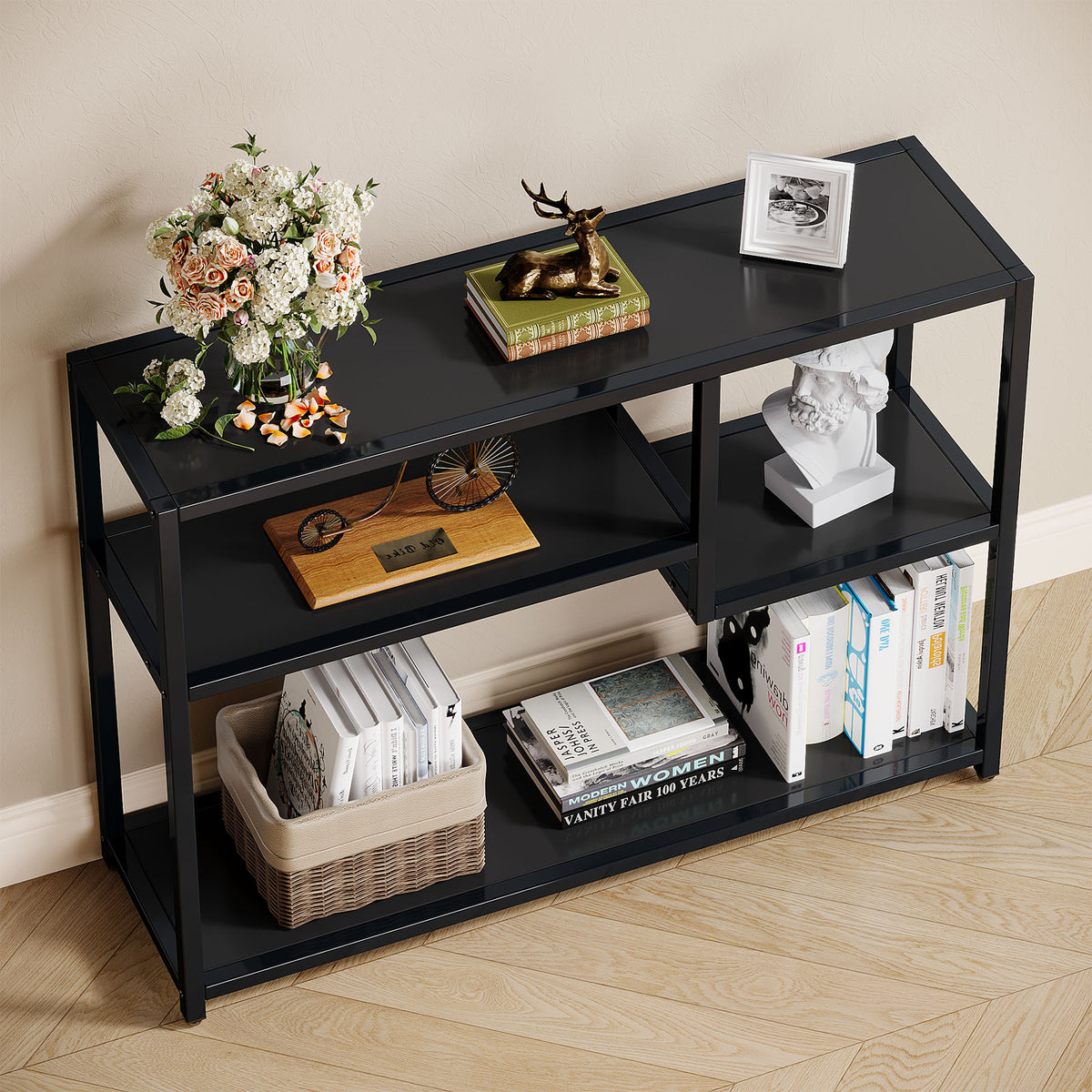 110cm Console Table, 4-Tier Black Entryway Storage Shelf with Metal Frame