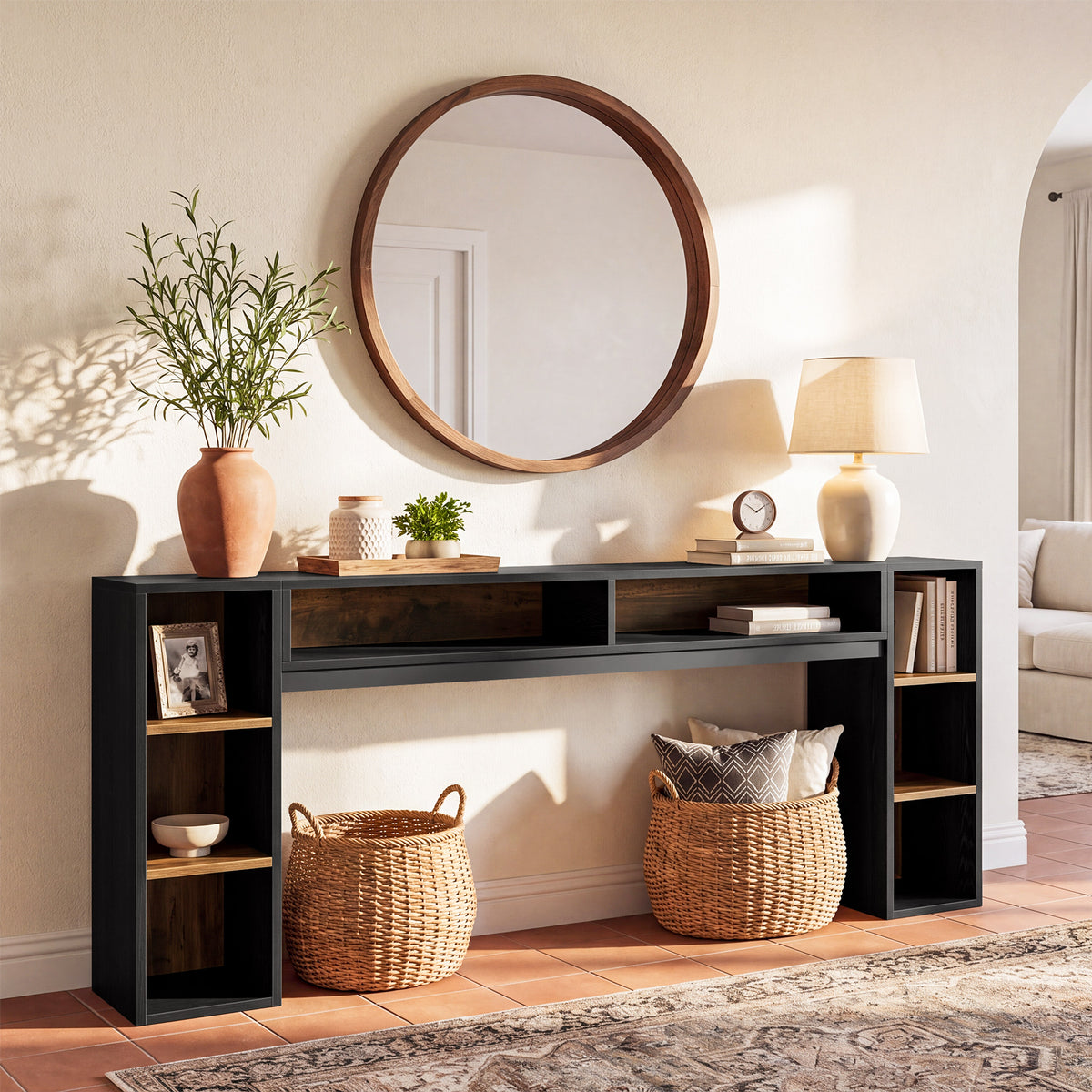 220cm Console Table, Narrow Entryway Table with Open Storage Shelf for Hallway Living Room